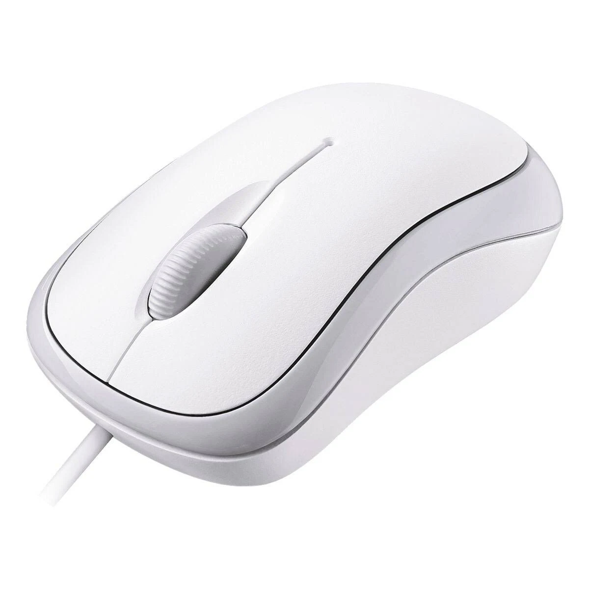 Ratón de ordenador blanco con rueda de desplazamiento y cable, aislado sobre fondo blanco.