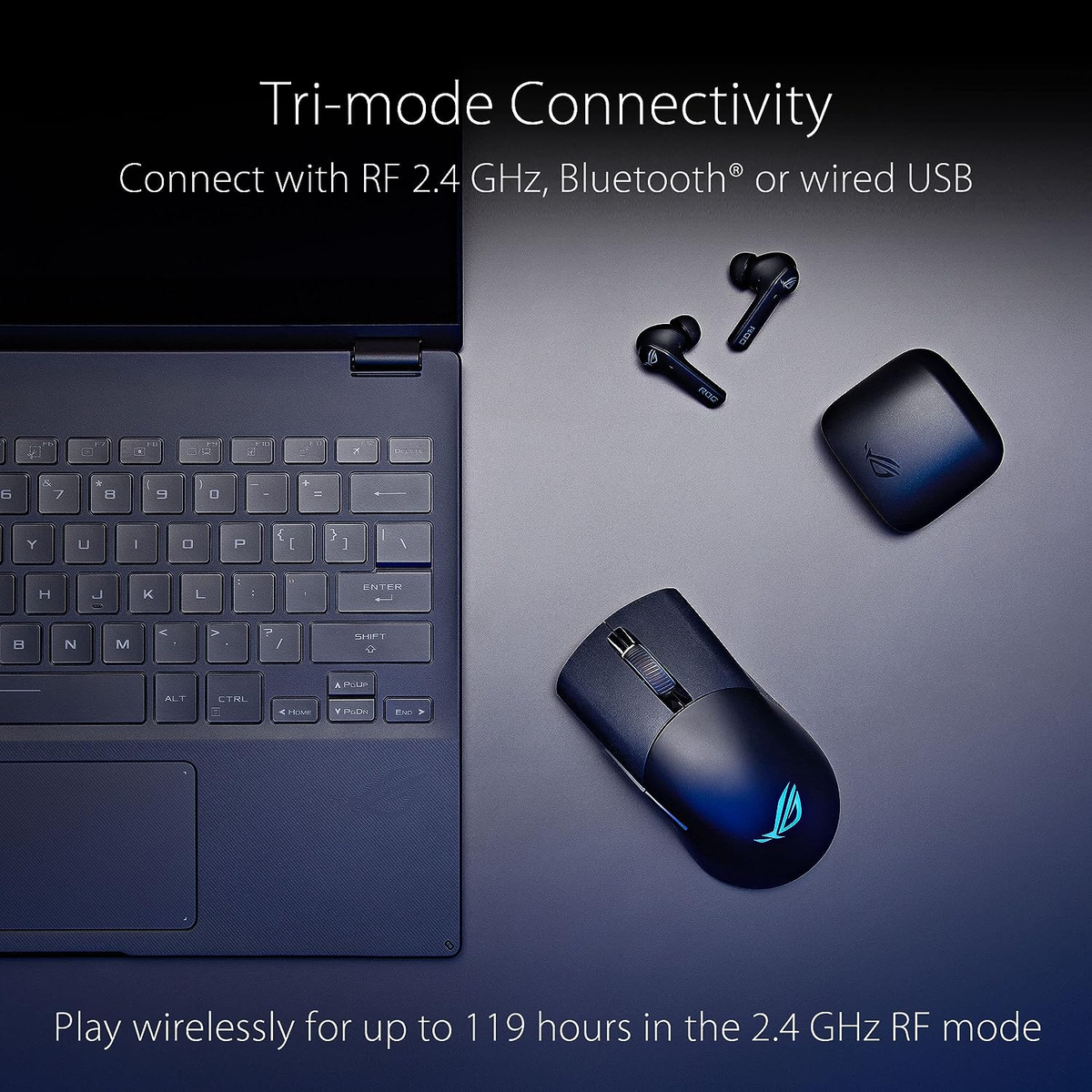 Laptop, mysz i słuchawki na powierzchni. Tekst opisuje łączność trójmodową.