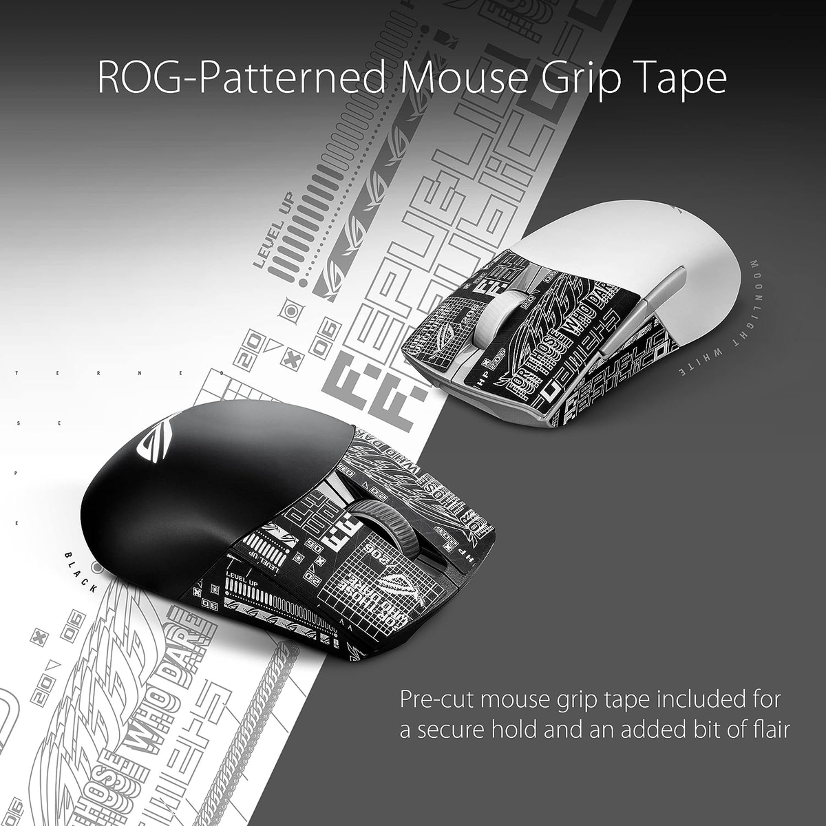 Dwie myszy do gier, jedna czarna, druga biała, z taśmą ROG, na czarnej powierzchni.