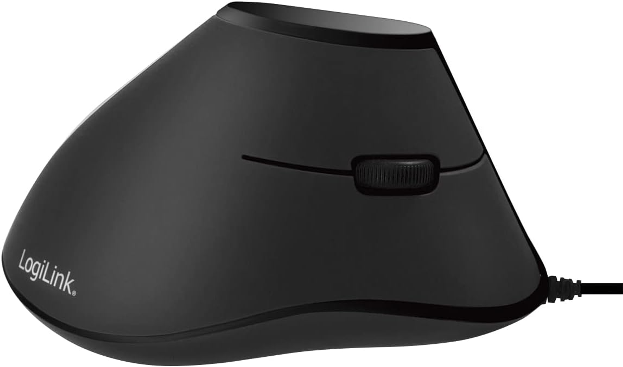 Czarna mysz ergonomiczna z kółkiem przewijania, widok z boku.