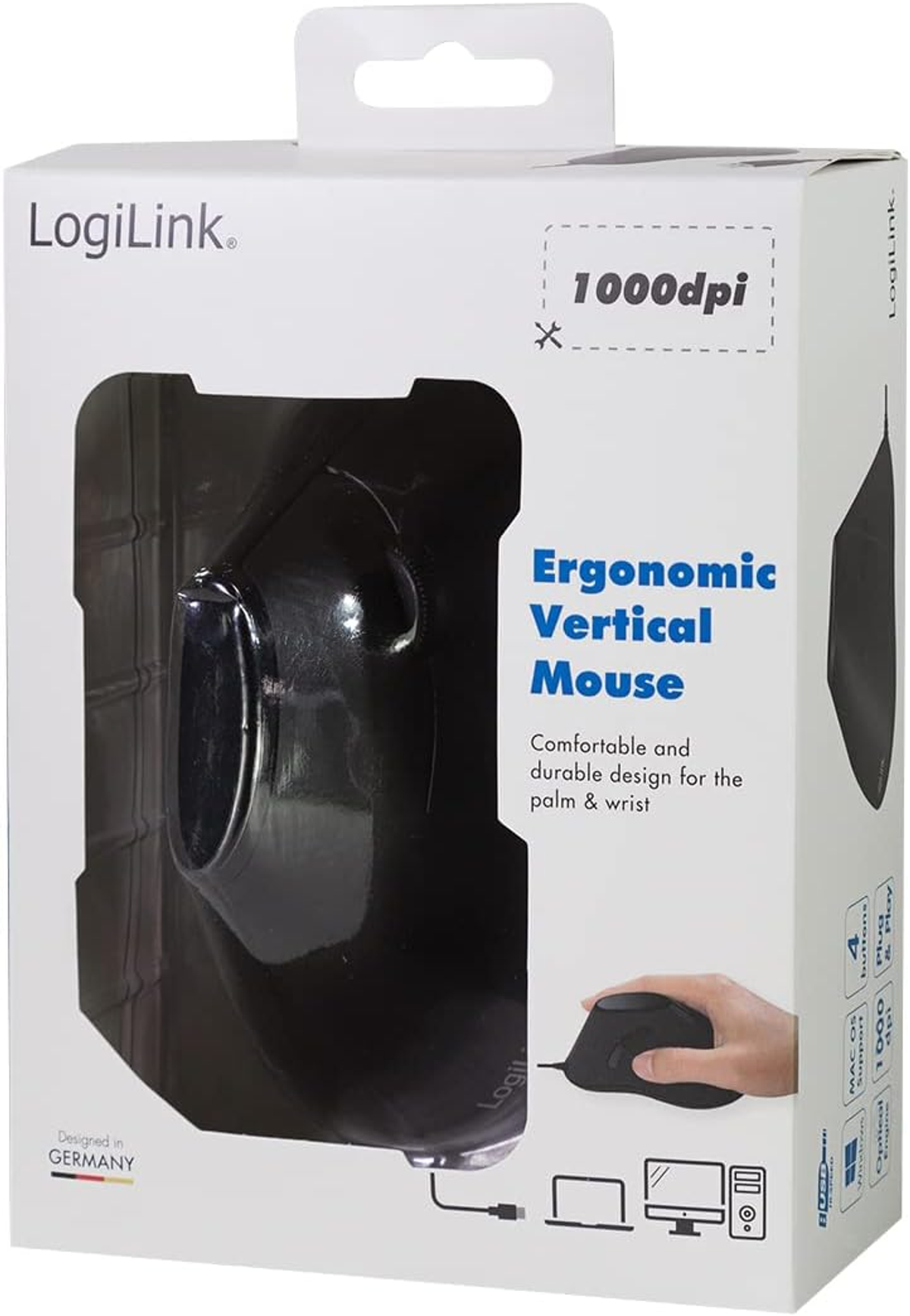 Czarna ergonomiczna mysz pionowa w opakowaniu, tekst opisuje funkcje i design.