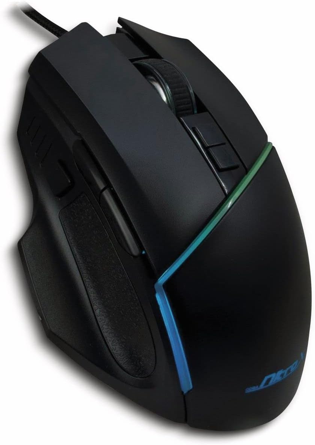 Zwarte gamingmuis met zijknoppen en een scrollwiel.