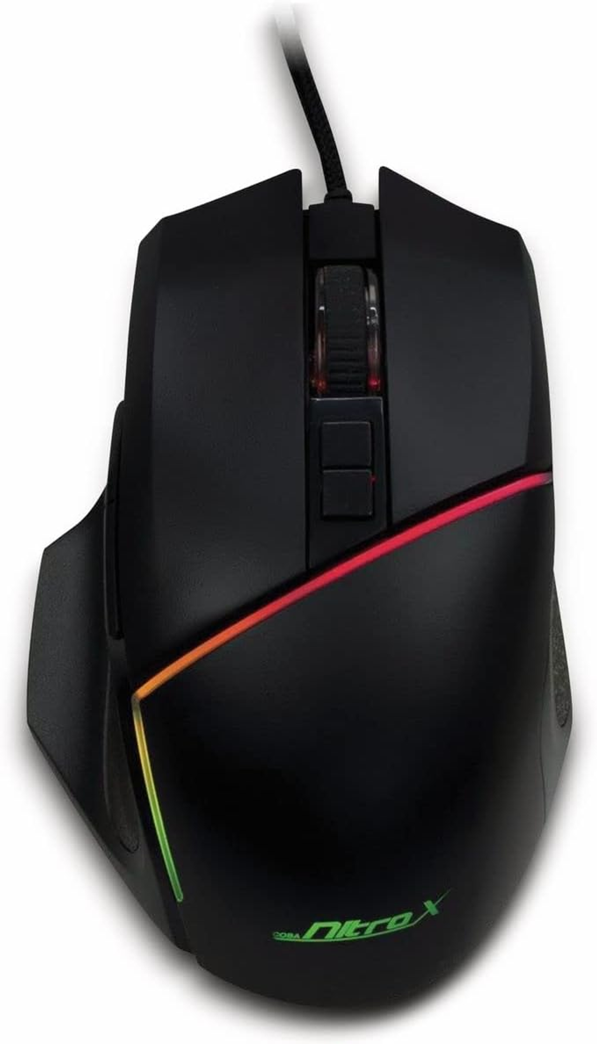 Zwarte gamingmuis met LED-accenten. Heeft knoppen en een scrollwiel. Ligt op een wit oppervlak.