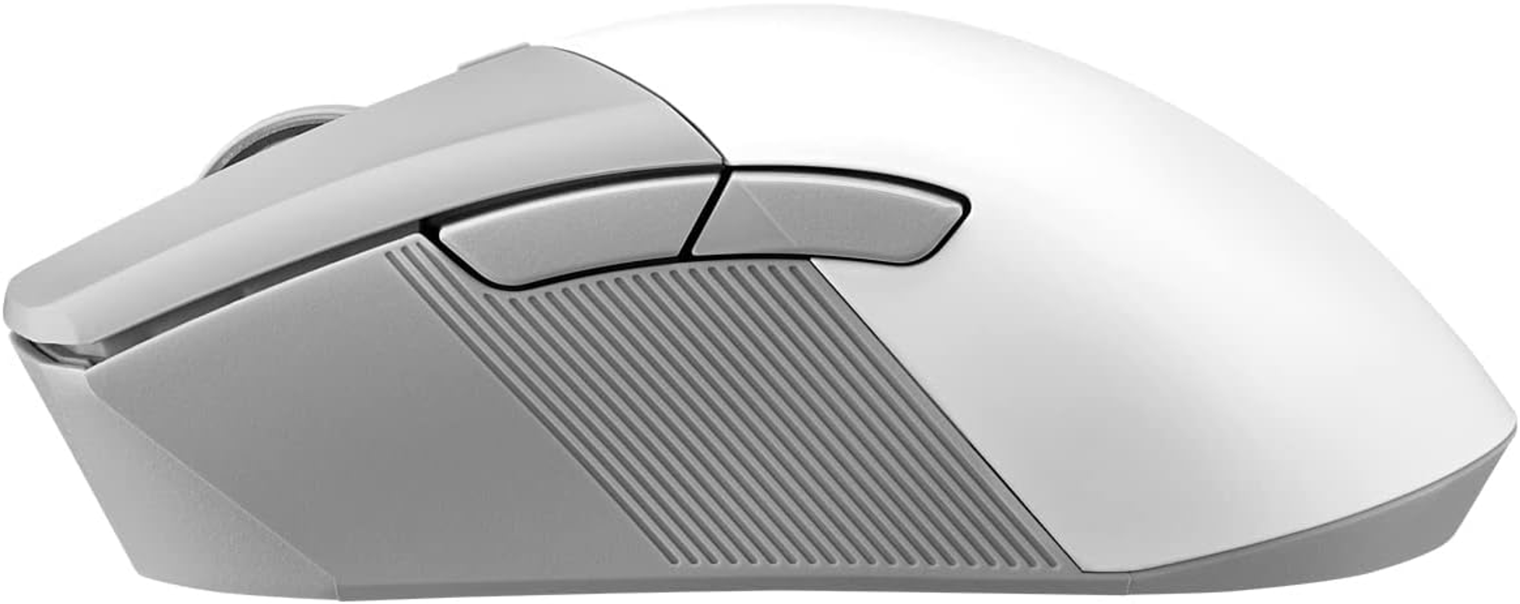 Biała i szara mysz komputerowa z dwoma bocznymi przyciskami i teksturowanym obszarem chwytu.
