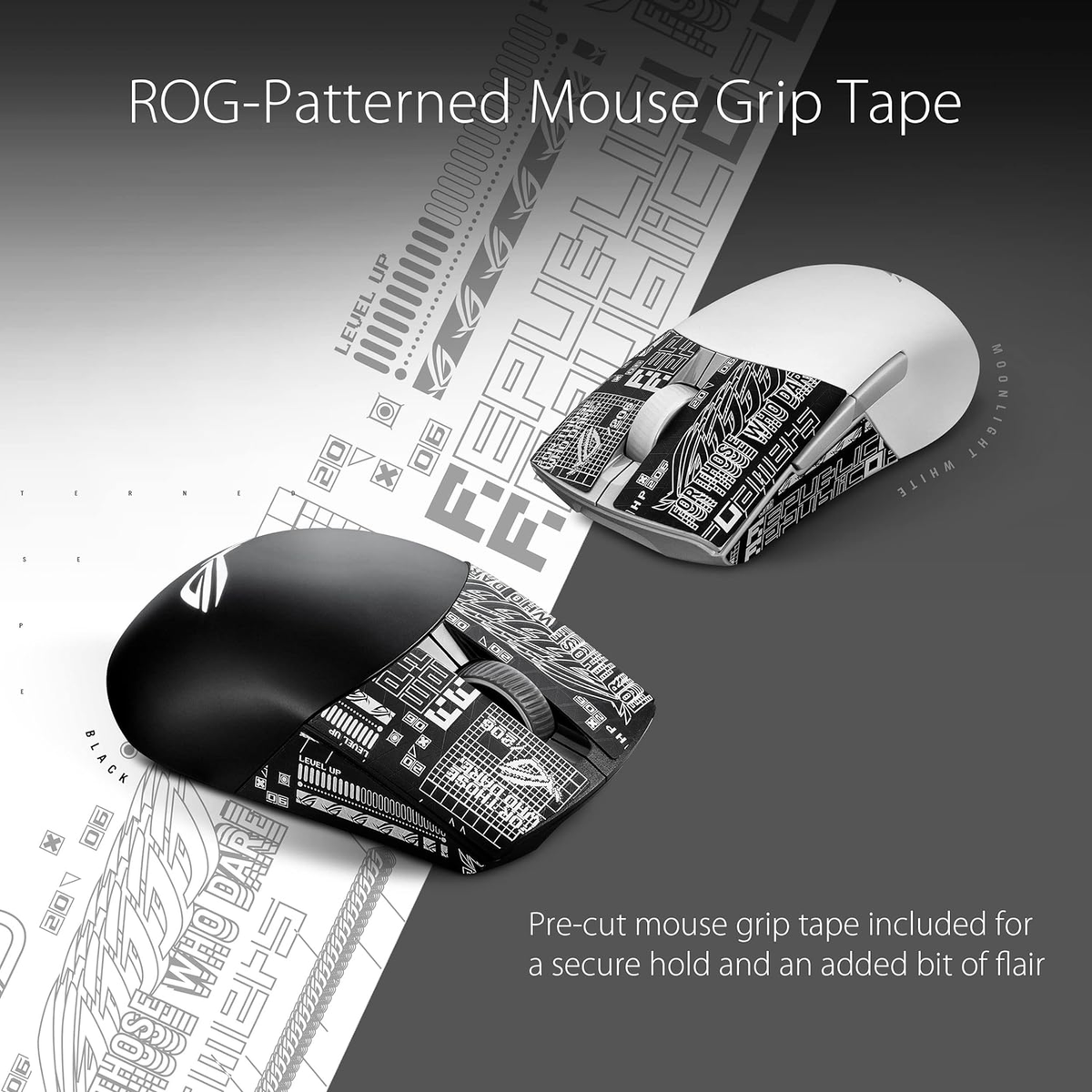 Czarno-biała mysz do gier z graficznym wzorem. Tekst: 'ROG-Patterned Mouse Grip Tape'.