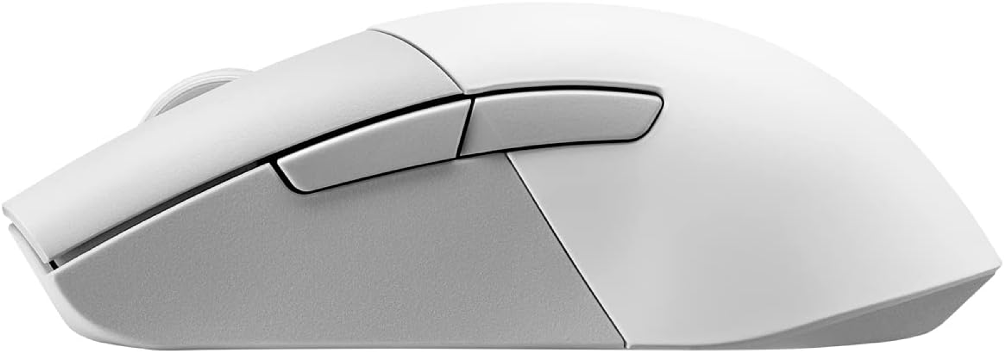 Biała mysz gamingowa z bocznymi przyciskami, widoczna z boku.