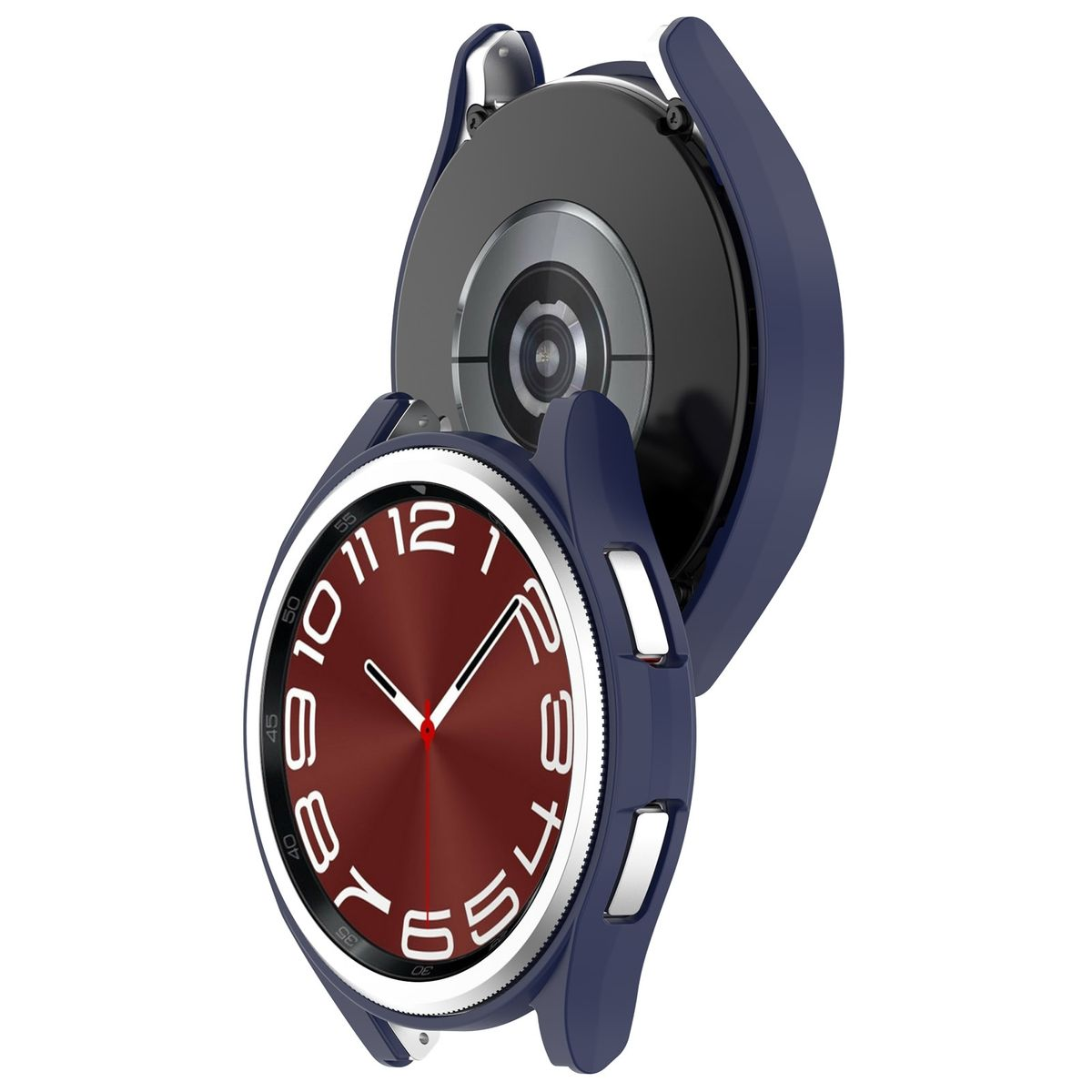 Eine Smartwatch mit einem weinroten Zifferblatt und einer blauen Schutzhülle.