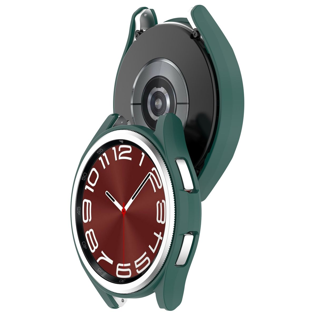Grüne Smartwatch-Hülle mit roten Details, offen, um das Zifferblatt zu zeigen.