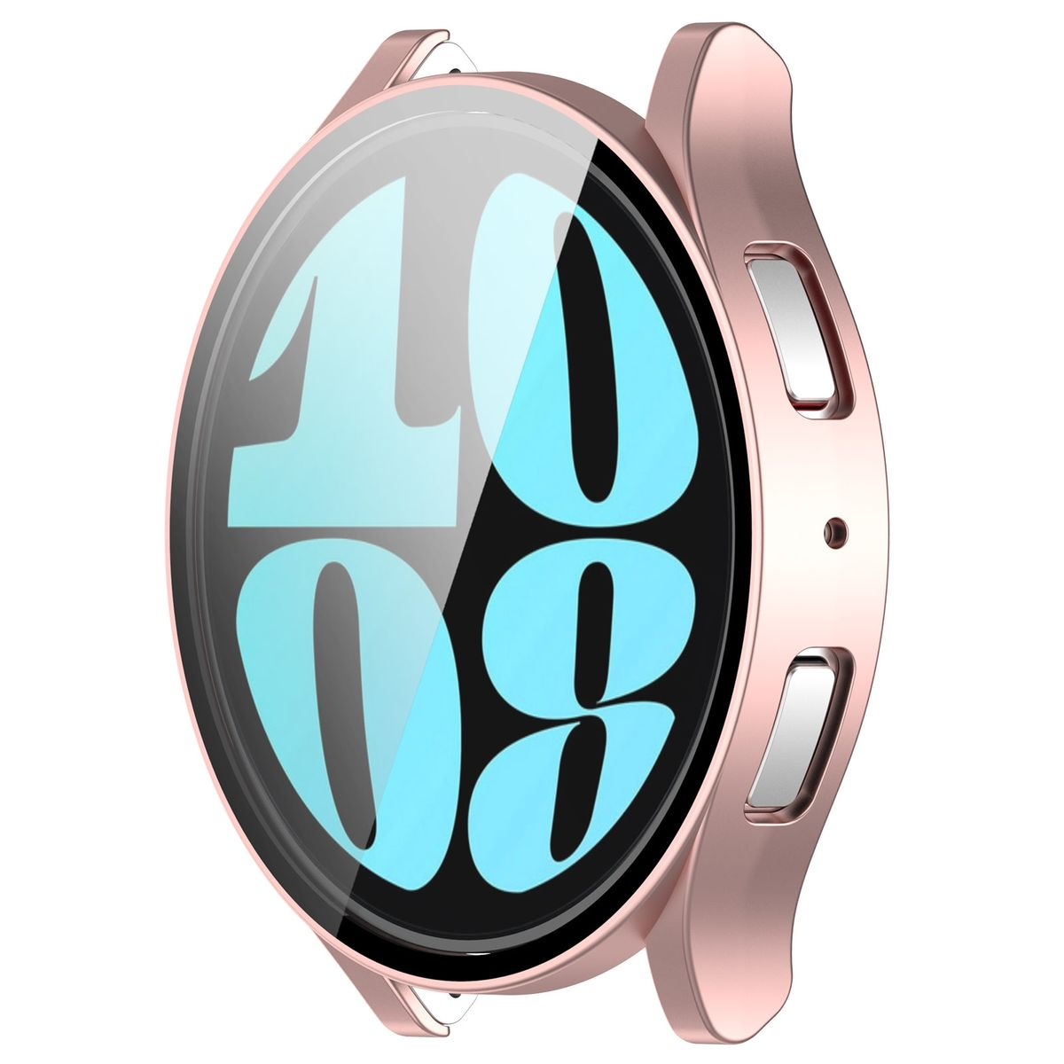 Roségoldene Smartwatch mit schwarzem Bildschirm, der 10:08 anzeigt. Das Gehäuse ist rund.