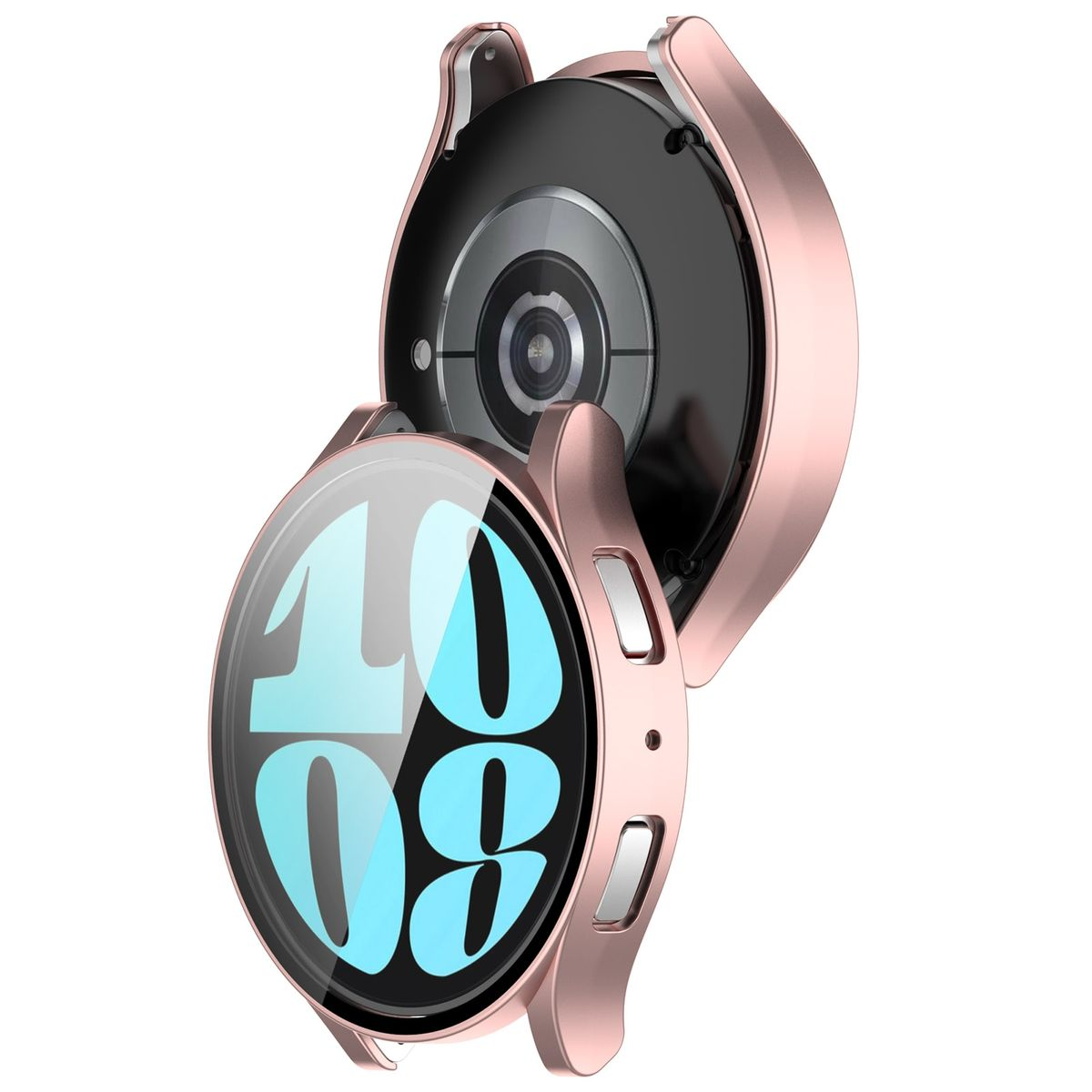 Roségoldfarbenes Smartwatch-Gehäuse und Bildschirm. Ein roségoldfarbenes Smartwatch-Gehäuse mit einem Bildschirm.