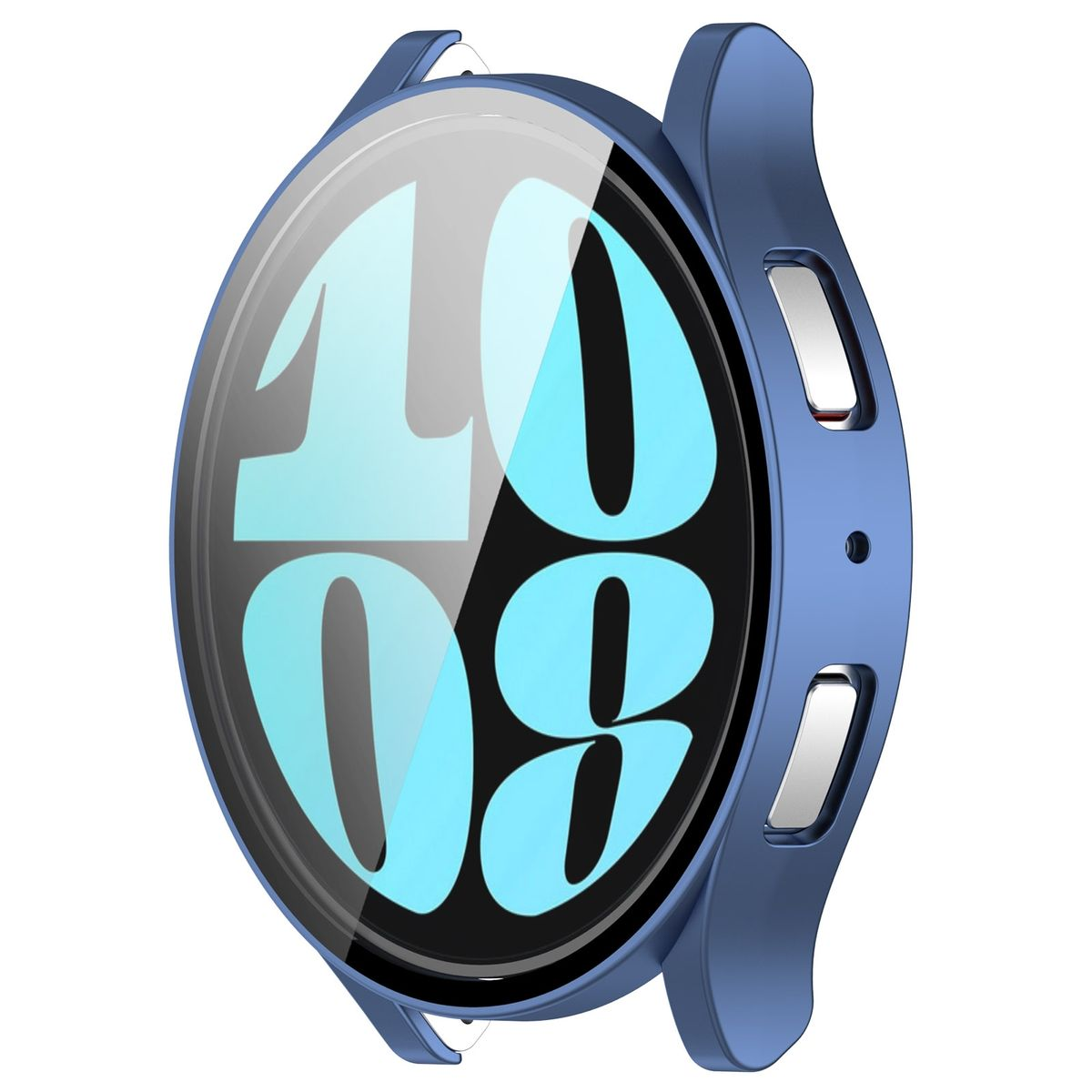 Blaues Smartwatch-Gehäuse, das Zifferblatt und die Seiten der Uhr bedeckt. Das Zifferblatt zeigt hellblaue Zahlen.