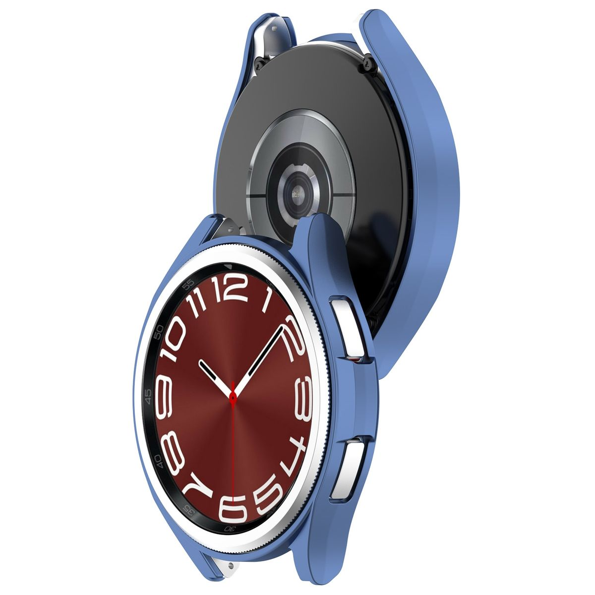 Ein blaues Uhrengehäuse mit einer rotgesichtigen Smartwatch, die das Zifferblatt und den Innenmechanismus zeigt.
