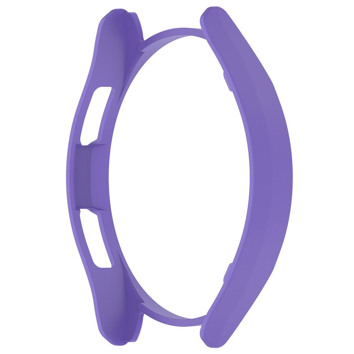 Ein lila Smartwatch-Gehäuse mit geschwungenem Design. Es hat zwei offene Schlitze für die Knöpfe und Sensoren der Uhr.