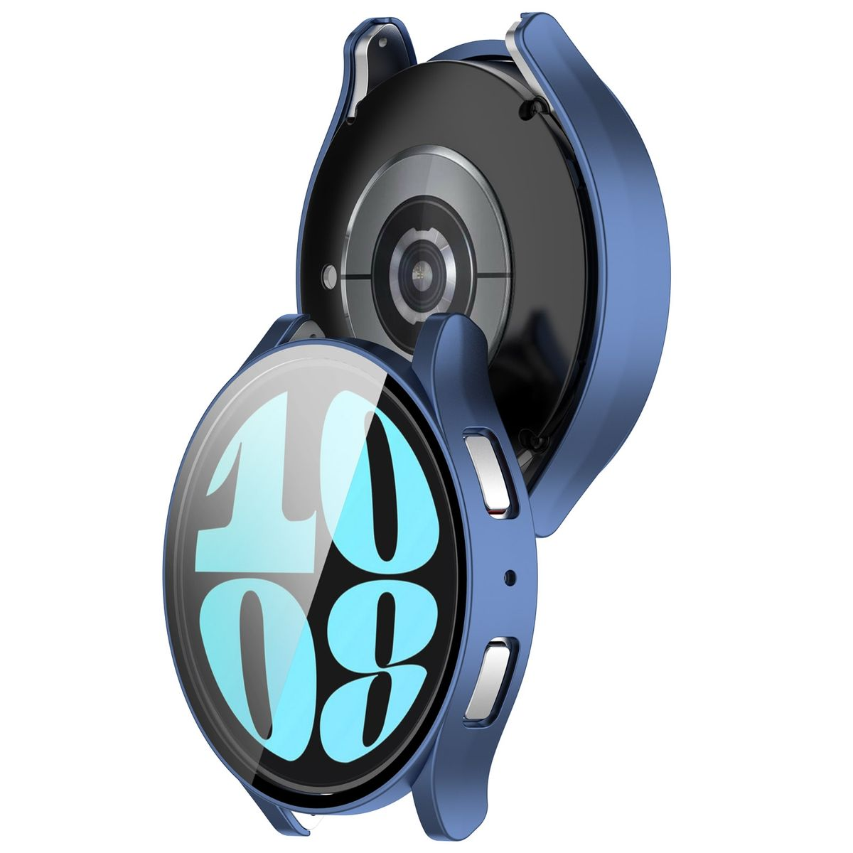 Ein blaues Smartwatch-Gehäuse mit geöffneter Uhr, das den Bildschirm freigibt.