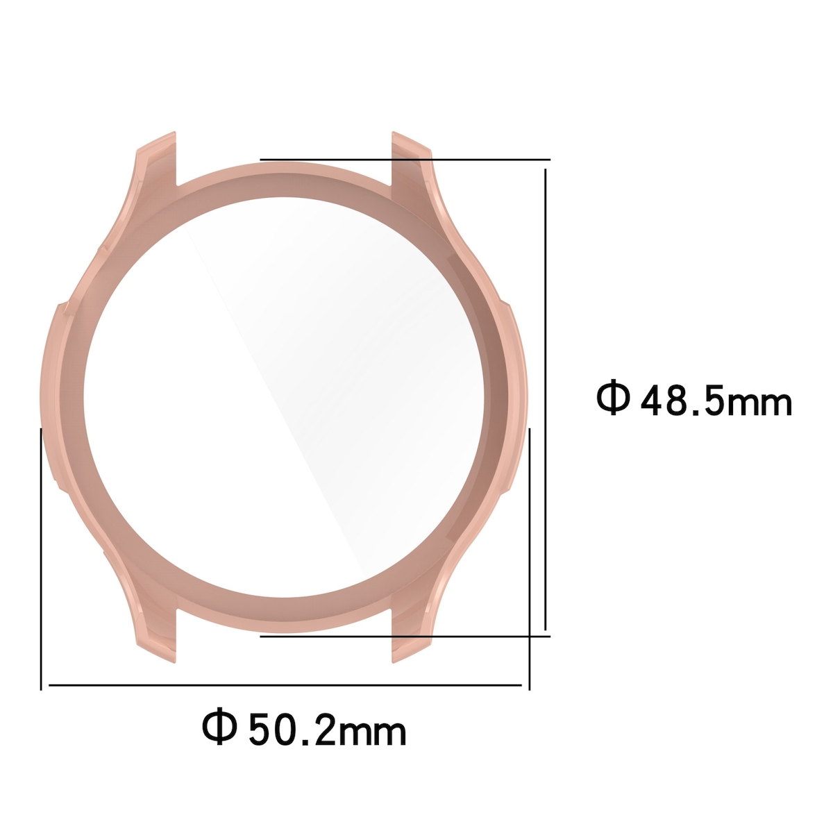 Rosafarbenes Smartwatch-Gehäuse mit Maßen: 50,2 mm x 48,5 mm. Weißer Hintergrund.