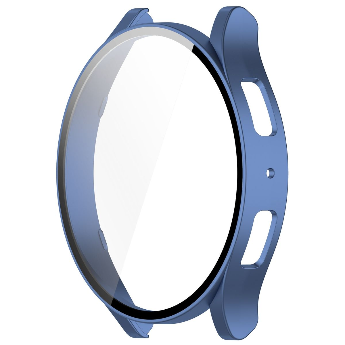 Ein blaues Smartwatch-Gehäuse mit einem transparenten Bildschirmschutz. Das Gehäuse hat ein ringförmiges Design.