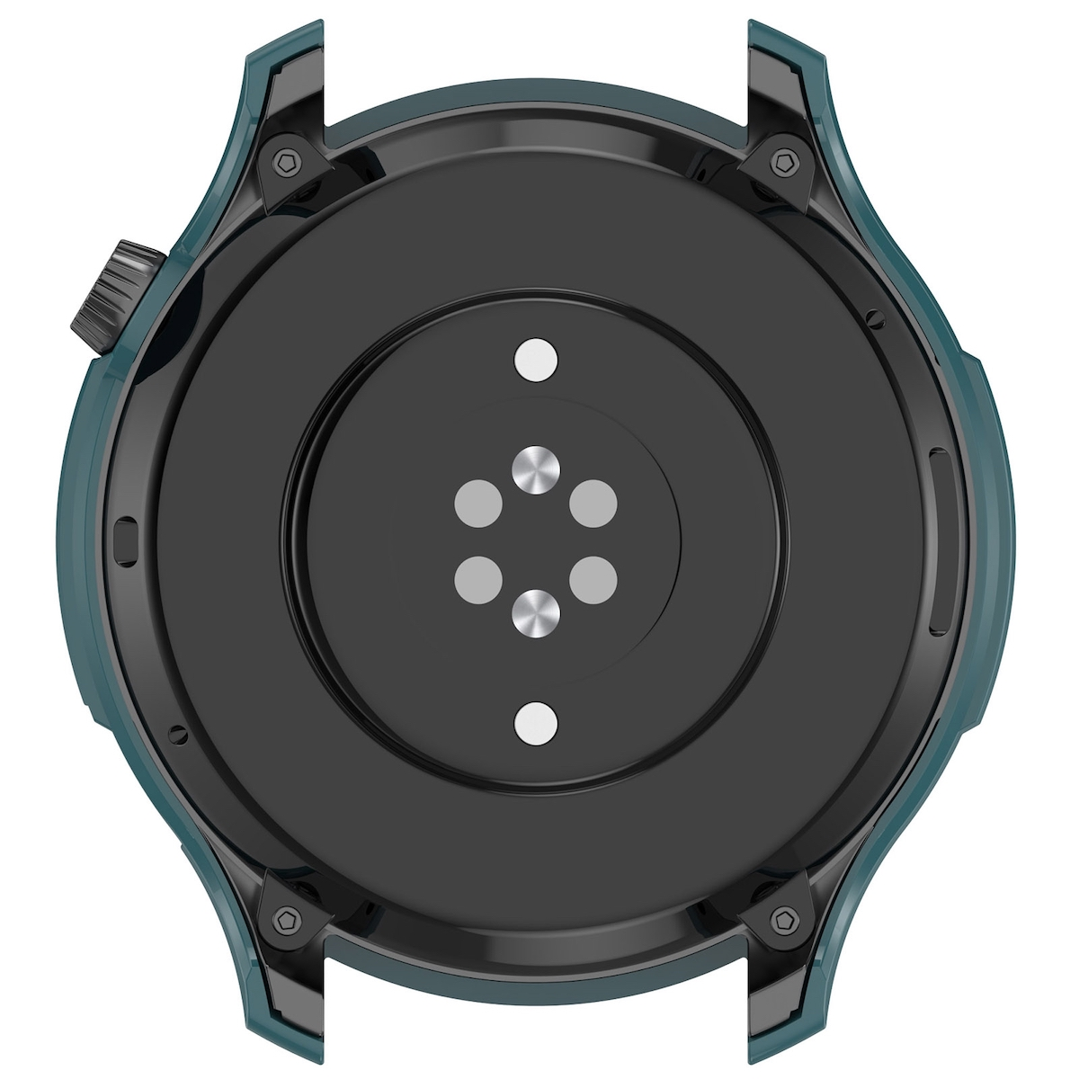 Die Unterseite einer Smartwatch, die Sensoren und einen türkis farbenen Rahmen zeigt.