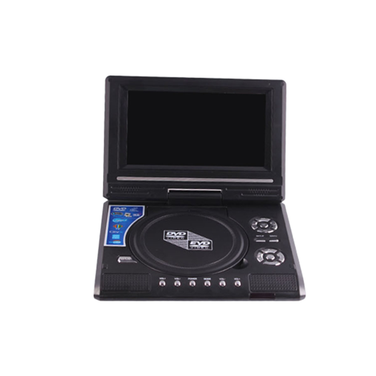 Schwarzer tragbarer DVD-Player mit Bildschirm oben und Bedienelementen unten. Weißer Hintergrund.
