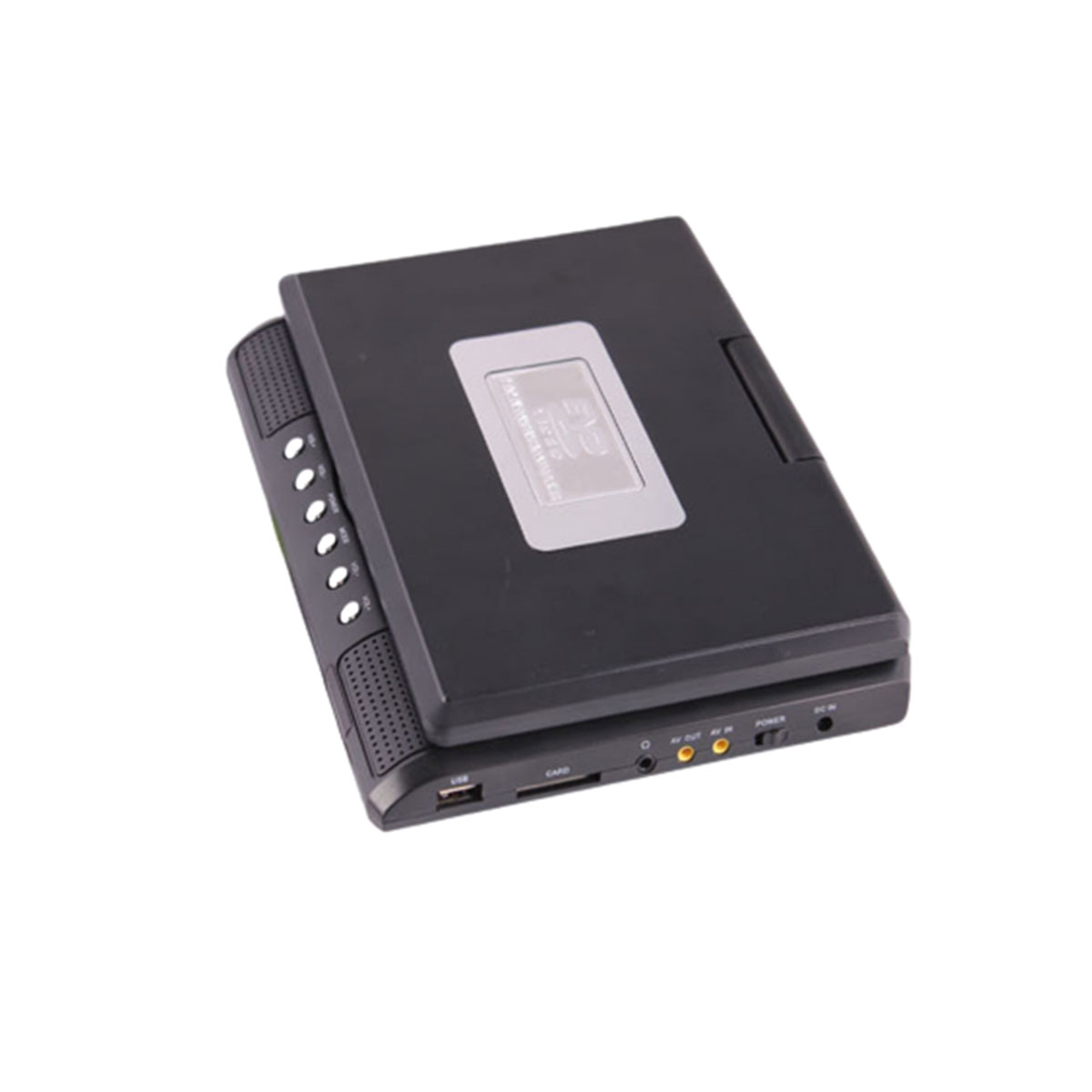 Schwarzer tragbarer DVD-Player. Silberne Mitte, Knöpfe an der Seite und Anschlüsse. Weißer Hintergrund.