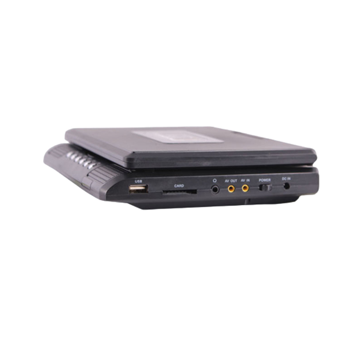 Schwarzer tragbarer DVD-Player mit verschiedenen Anschlüssen und weißem Hintergrund.