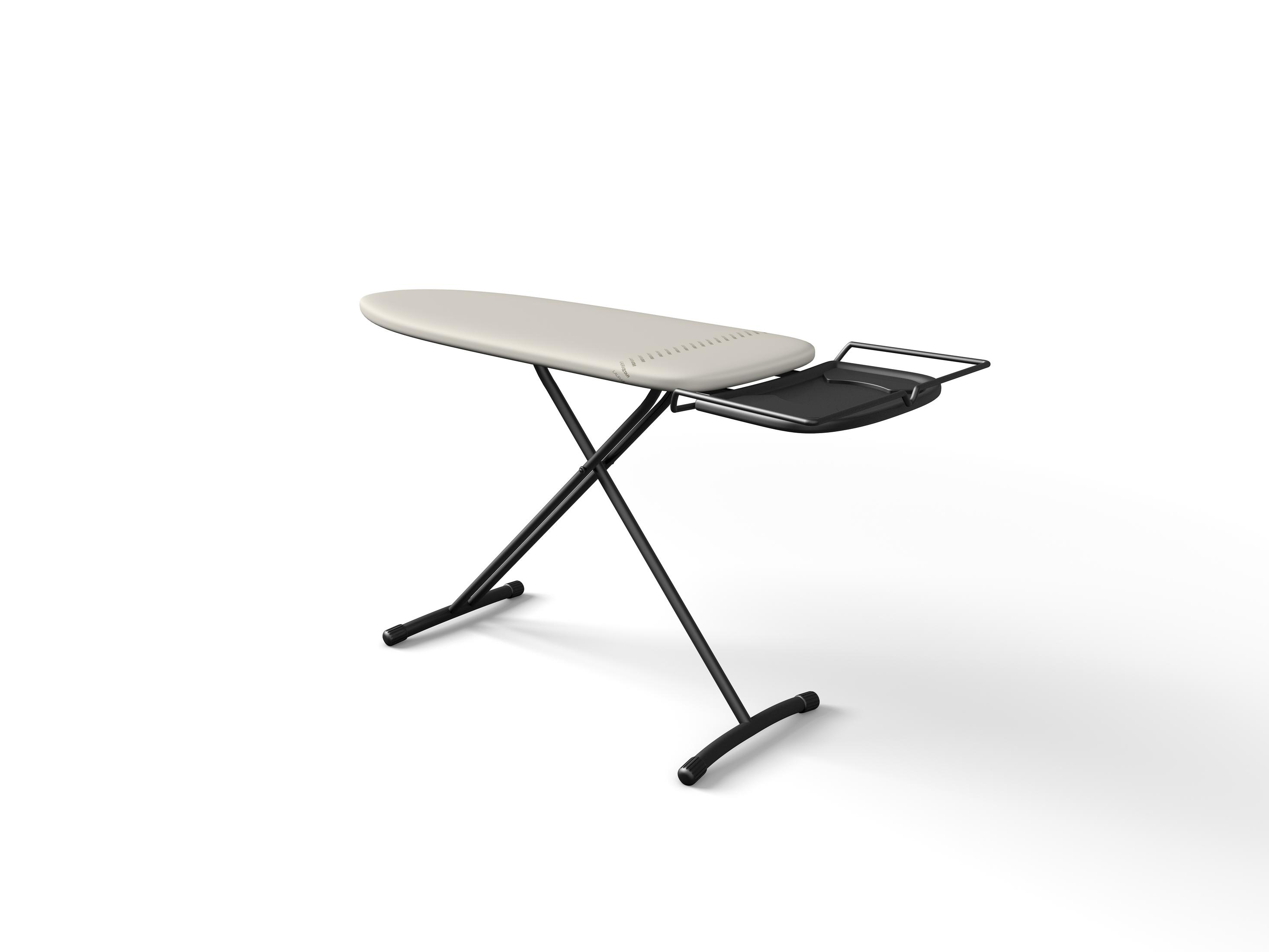 Deska do prasowania, z jasnobeżową powłoką, czarną ramą i czarną tacką.