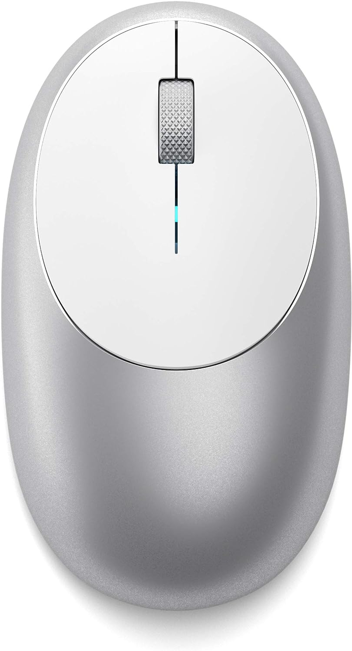 Eine weiße und silberne Computermaus mit einem Scrollrad und einem silbernen Gehäuse.
