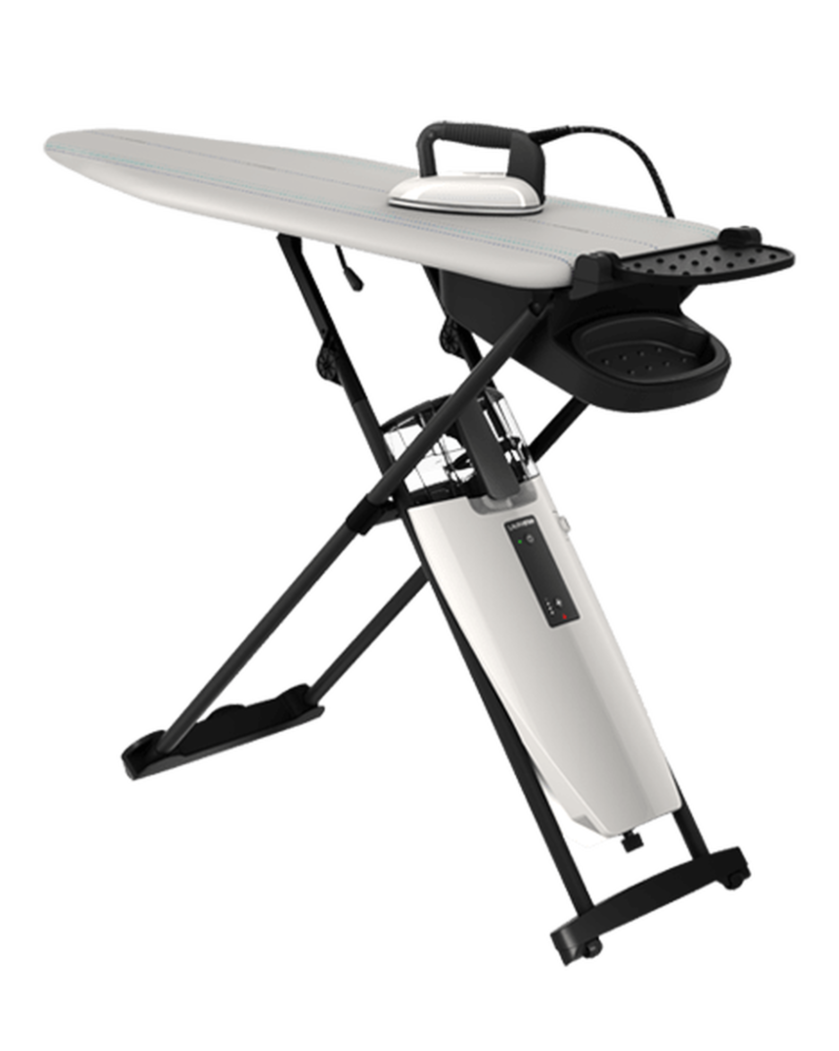 Deska do prasowania z żelazkiem, czarną ramą, białą podkładką i czarnymi akcentami na czarnym tle.