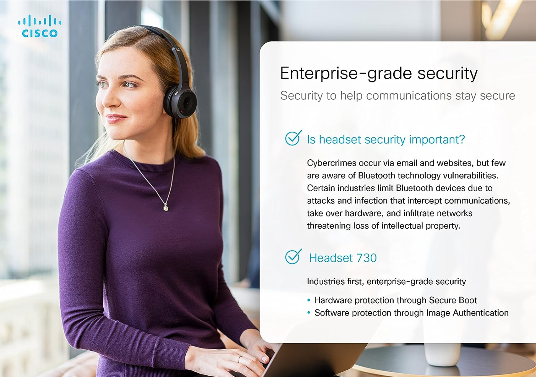 Kobieta w słuchawkach patrzy w lewo. Tekst po prawej omawia bezpieczeństwo i zestawy słuchawkowe.