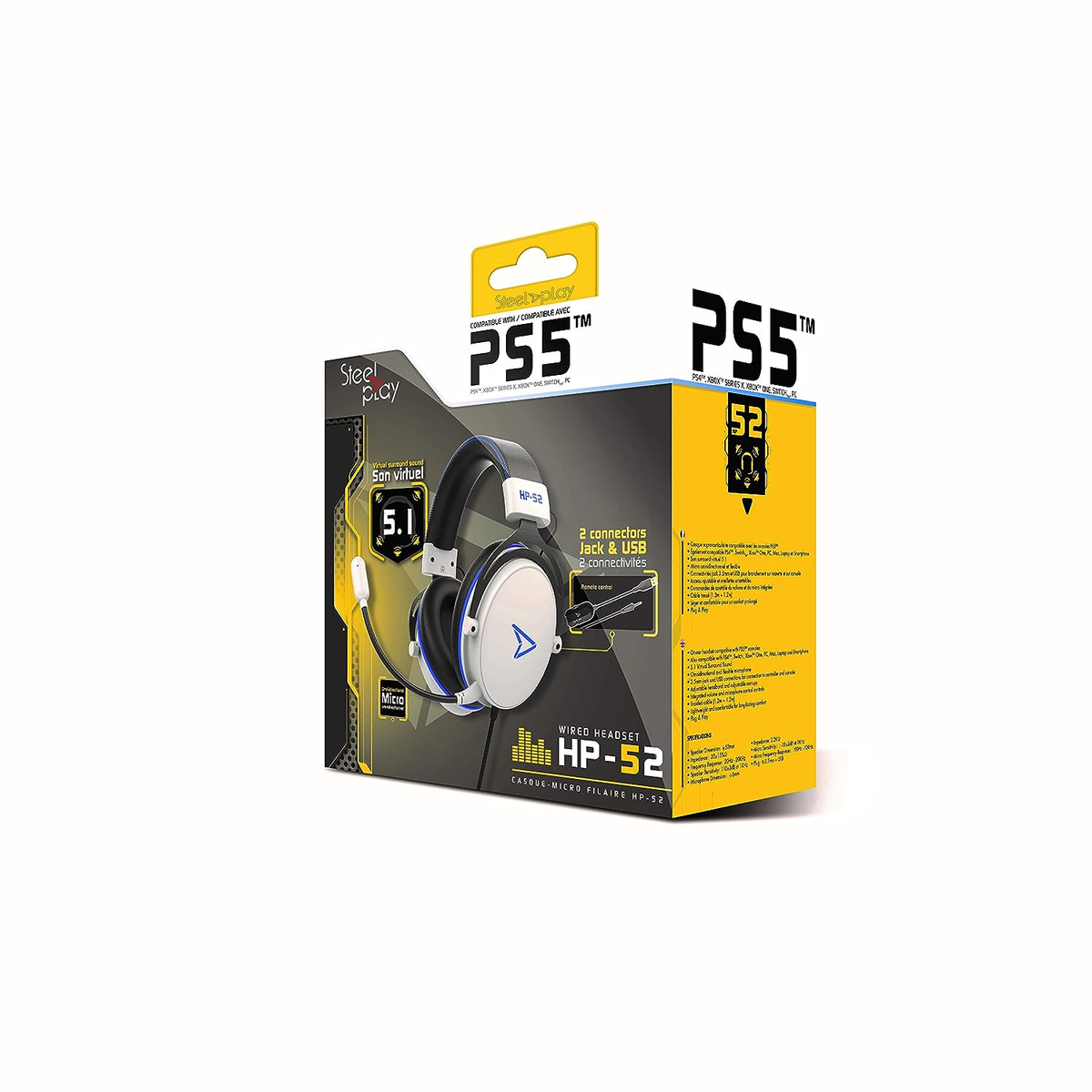 Pudełko słuchawkowe ze zdjęciem i tekstem zestawu słuchawkowego. Schemat kolorów żółty i biały. Wyświetlane są informacje o produkcie.