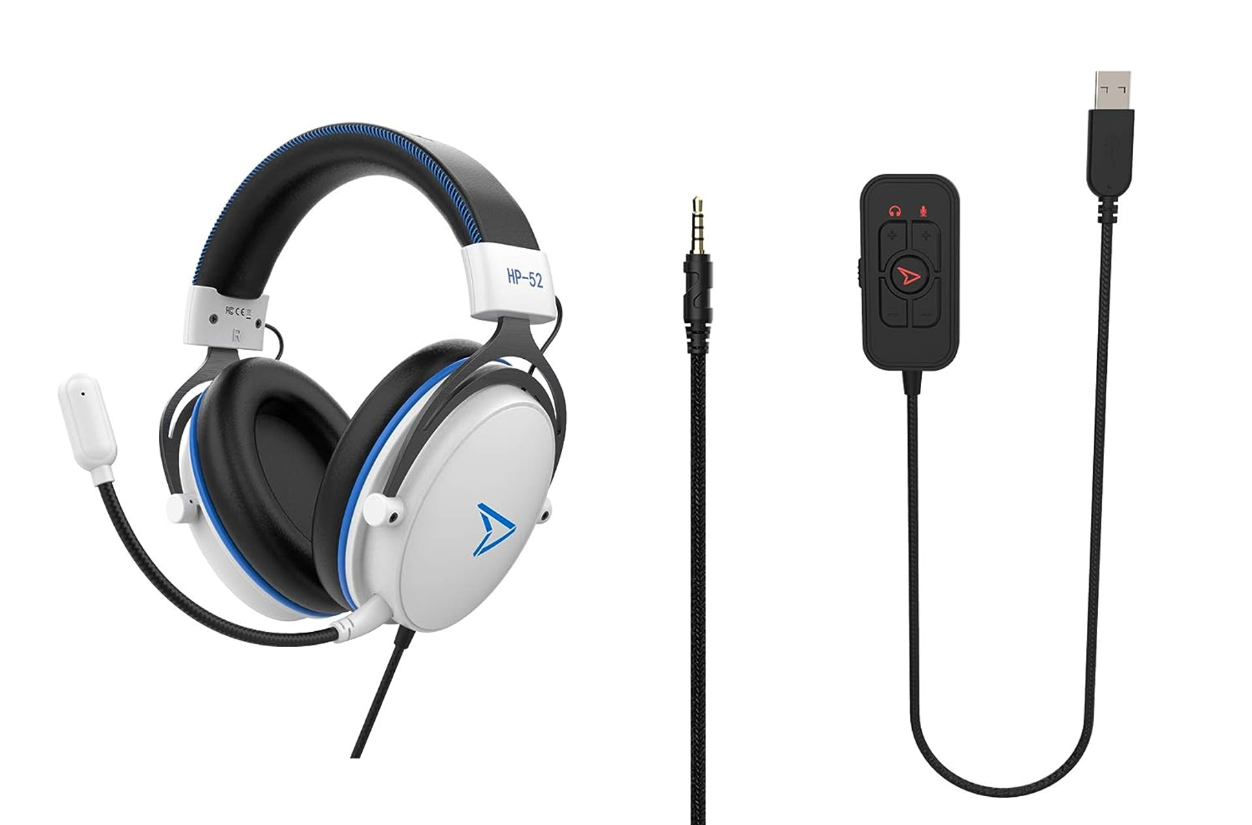 Zestaw słuchawkowy do gier z mikrofonem, kablem USB i jednostką sterowania dźwiękiem.