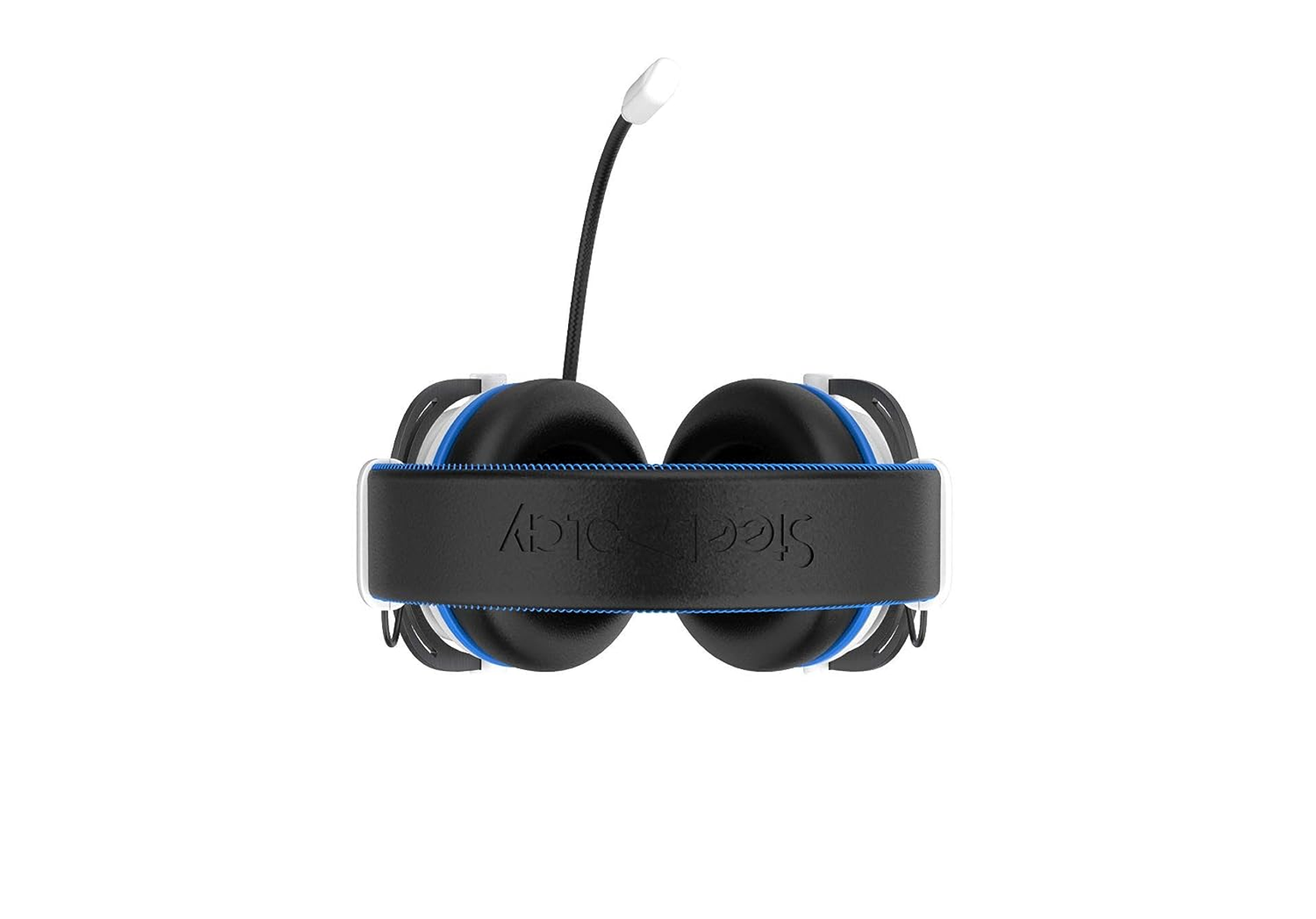 Czarne i niebieskie słuchawki dla graczy. Opaska na głowę z białym napisem 'SteelPlay'.