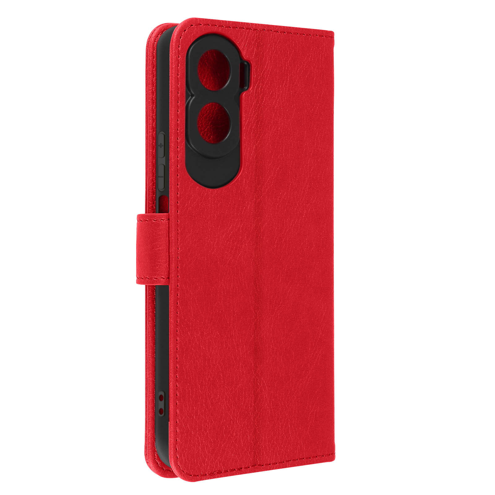 Custodia per telefono rossa con patta. Ha un'area fotocamera nera sul retro.