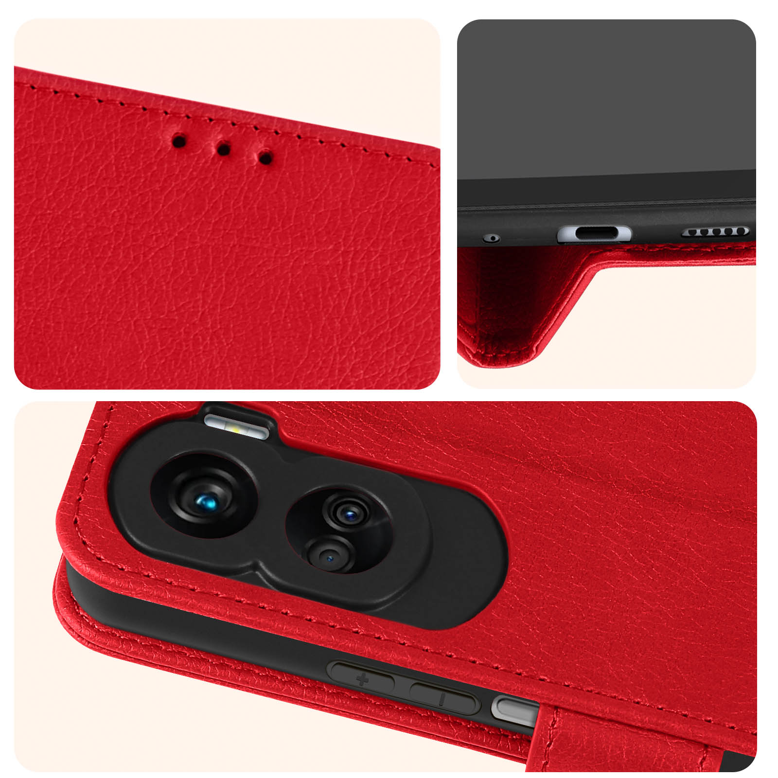 Primo piano di una custodia rossa con dettagli della fotocamera e porta di ricarica.
