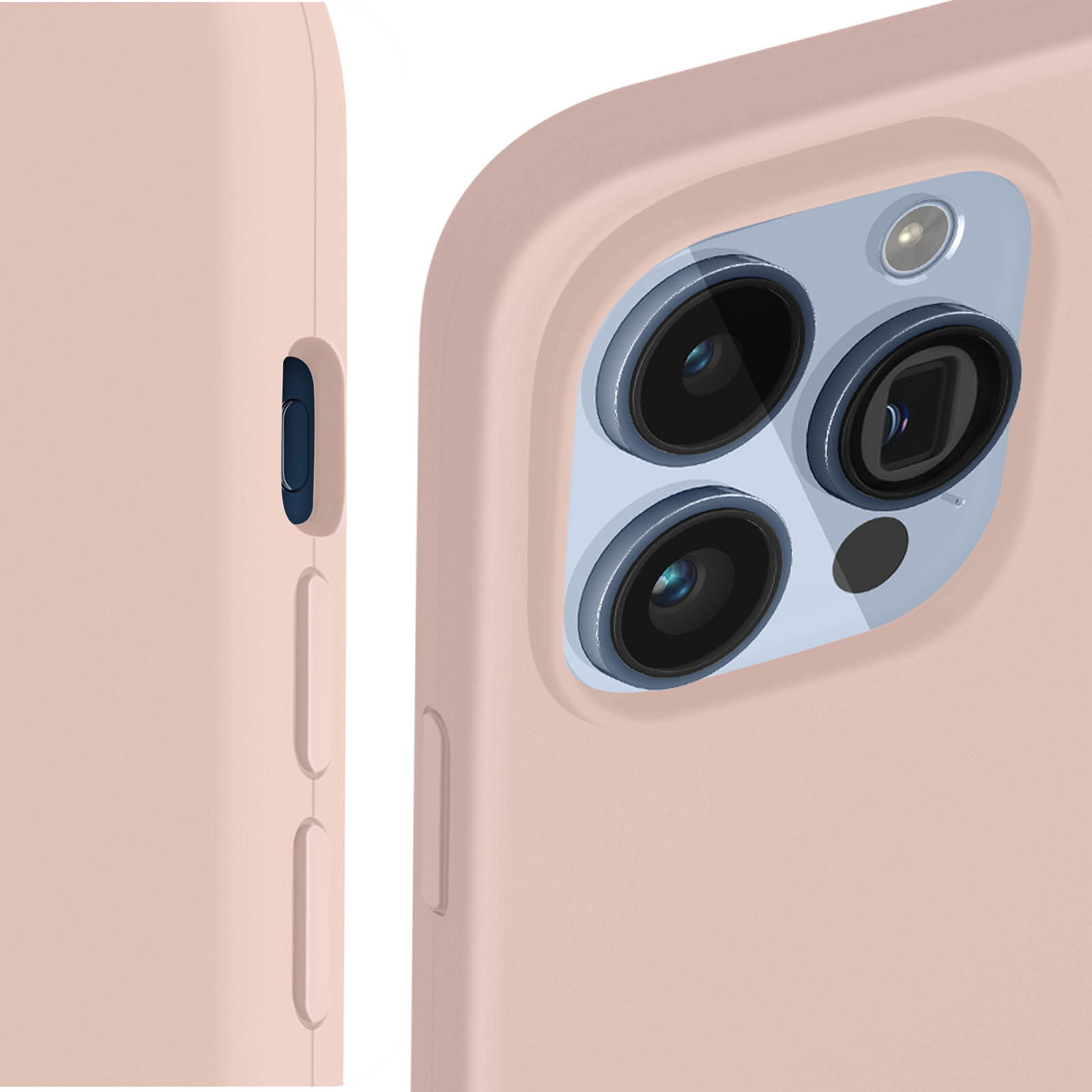 Primo piano di una custodia rosa, mostra lenti della fotocamera e pulsanti laterali.