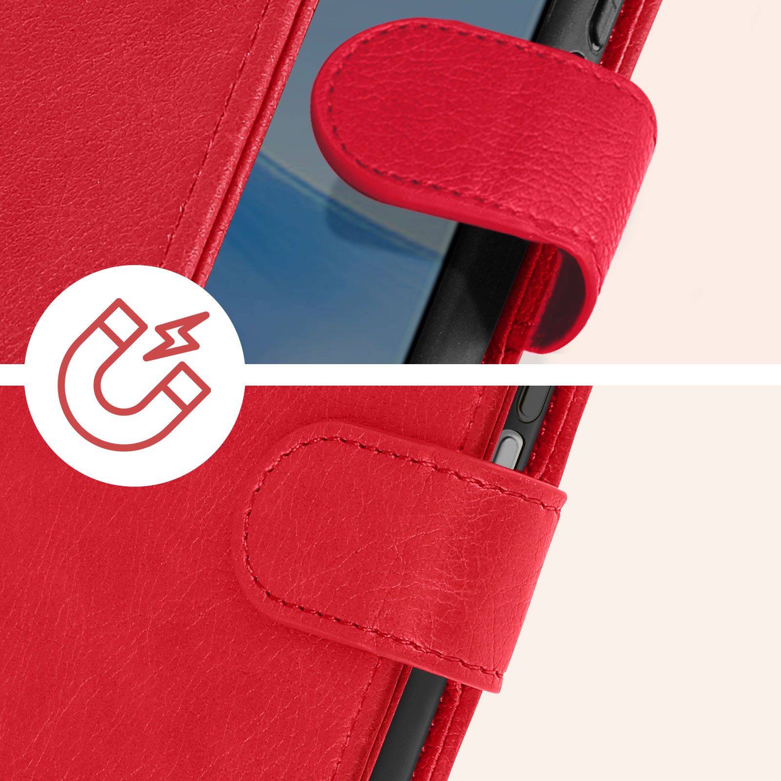 Custodia per telefono rossa, che mostra i dettagli della chiusura magnetica.