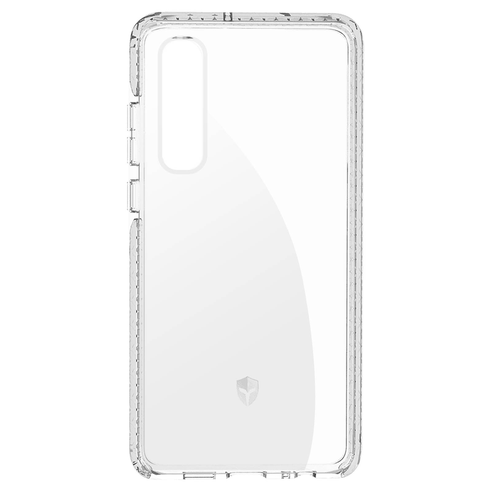Transparante telefoonhoes met een logo op een witte achtergrond.