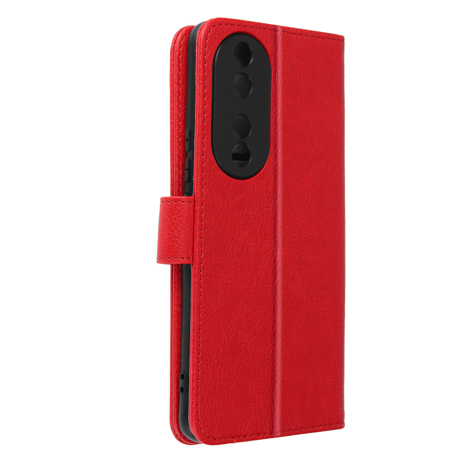 Custodia rossa per telefono, aperta. Ha un telefono nero e una chiusura magnetica.