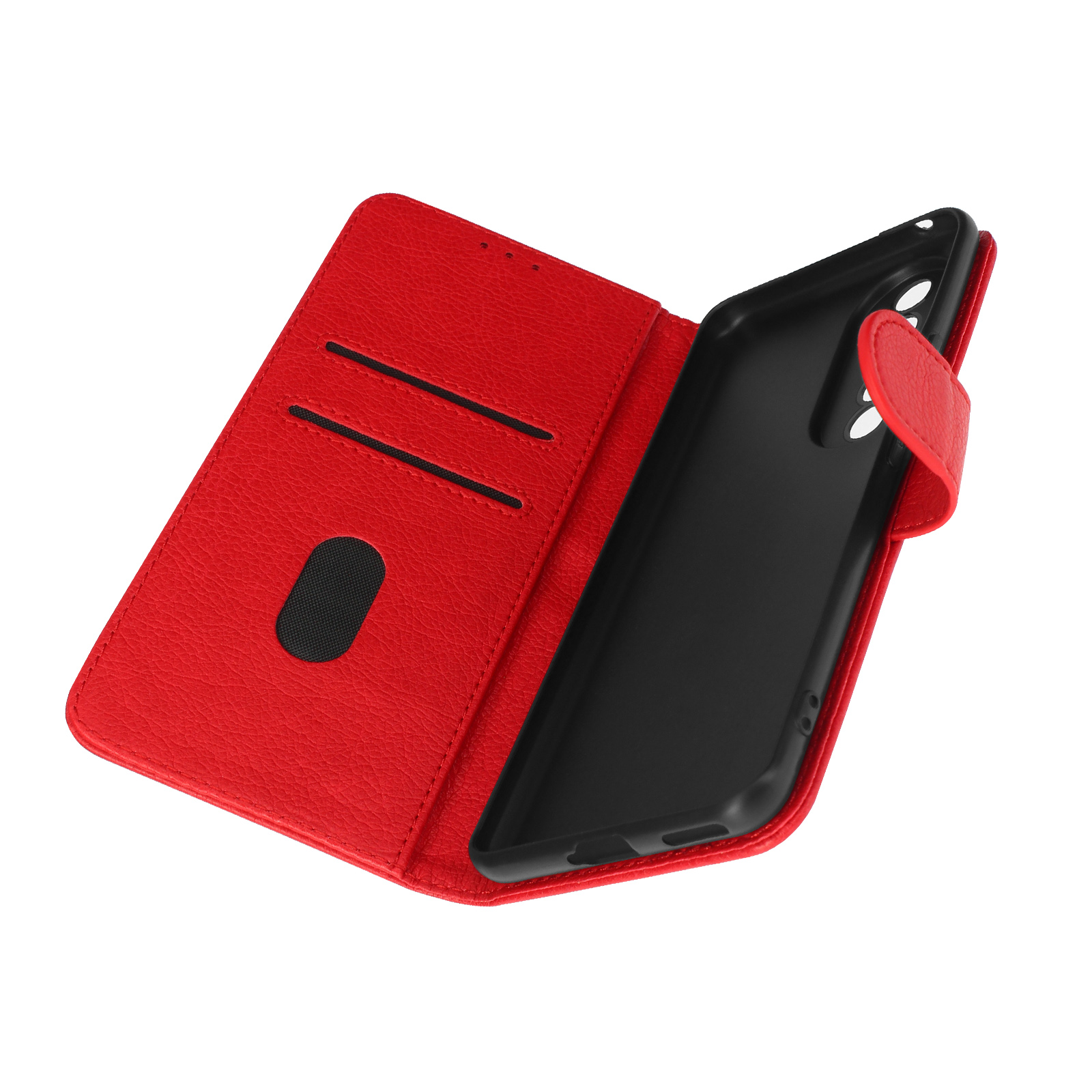 Custodia rossa per telefono aperta con fessure per carte e un telefono nero all'interno.