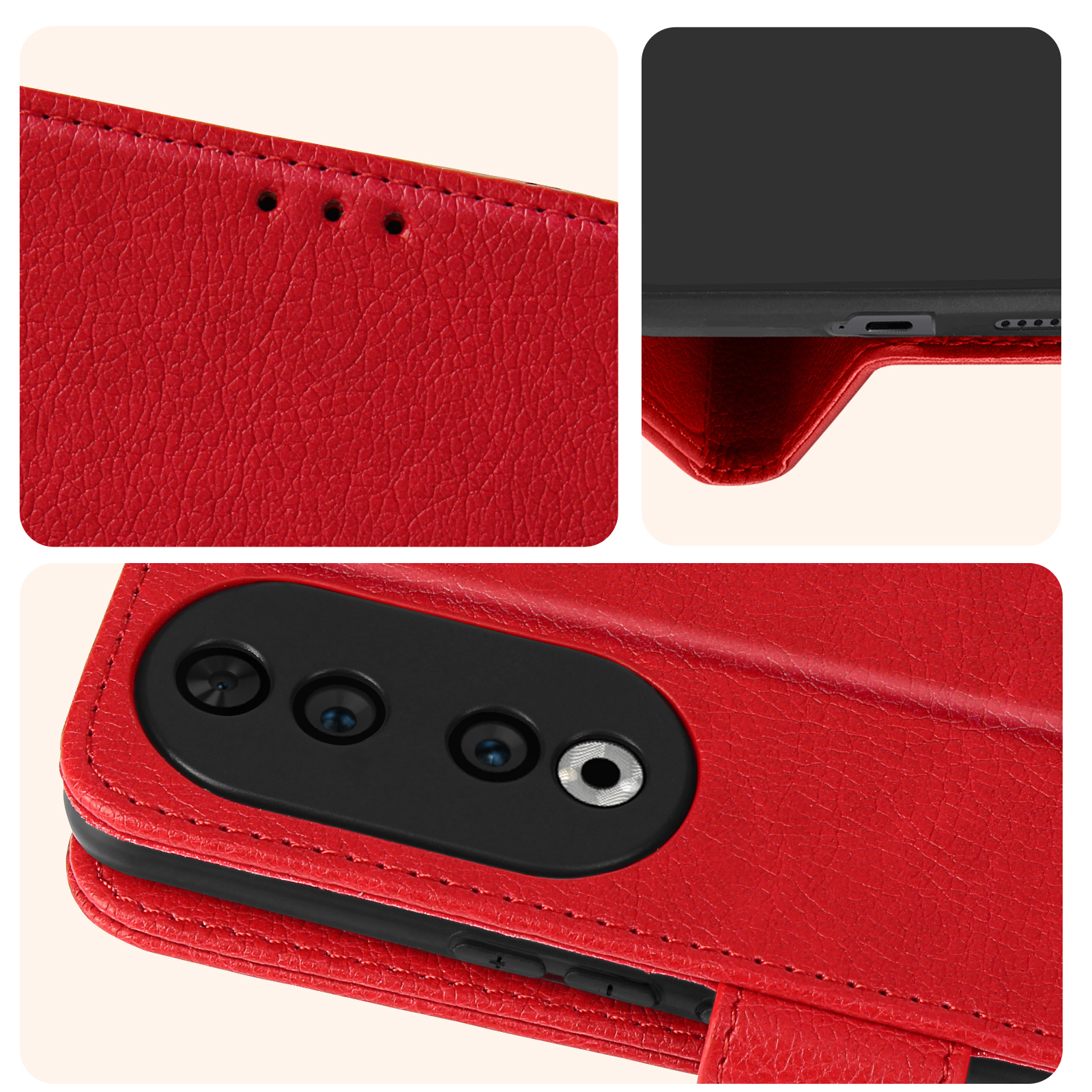 Primo piano di una custodia per telefono in pelle rossa, cuciture, ritagli fotocamera e bordi.