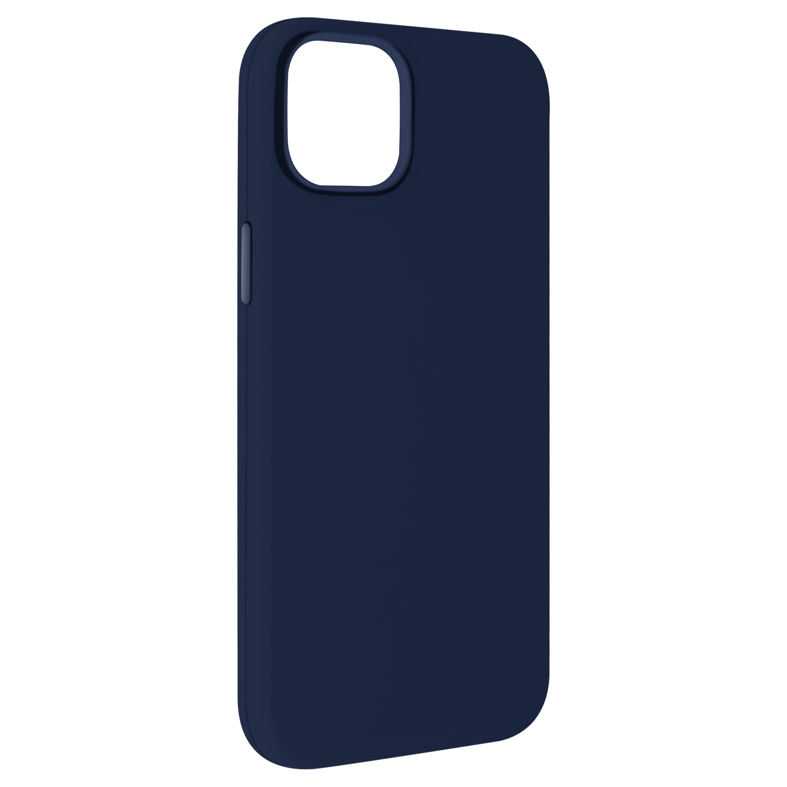 Custodia per telefono blu scuro. Forma liscia e curva con intaglio per la fotocamera, su sfondo bianco.