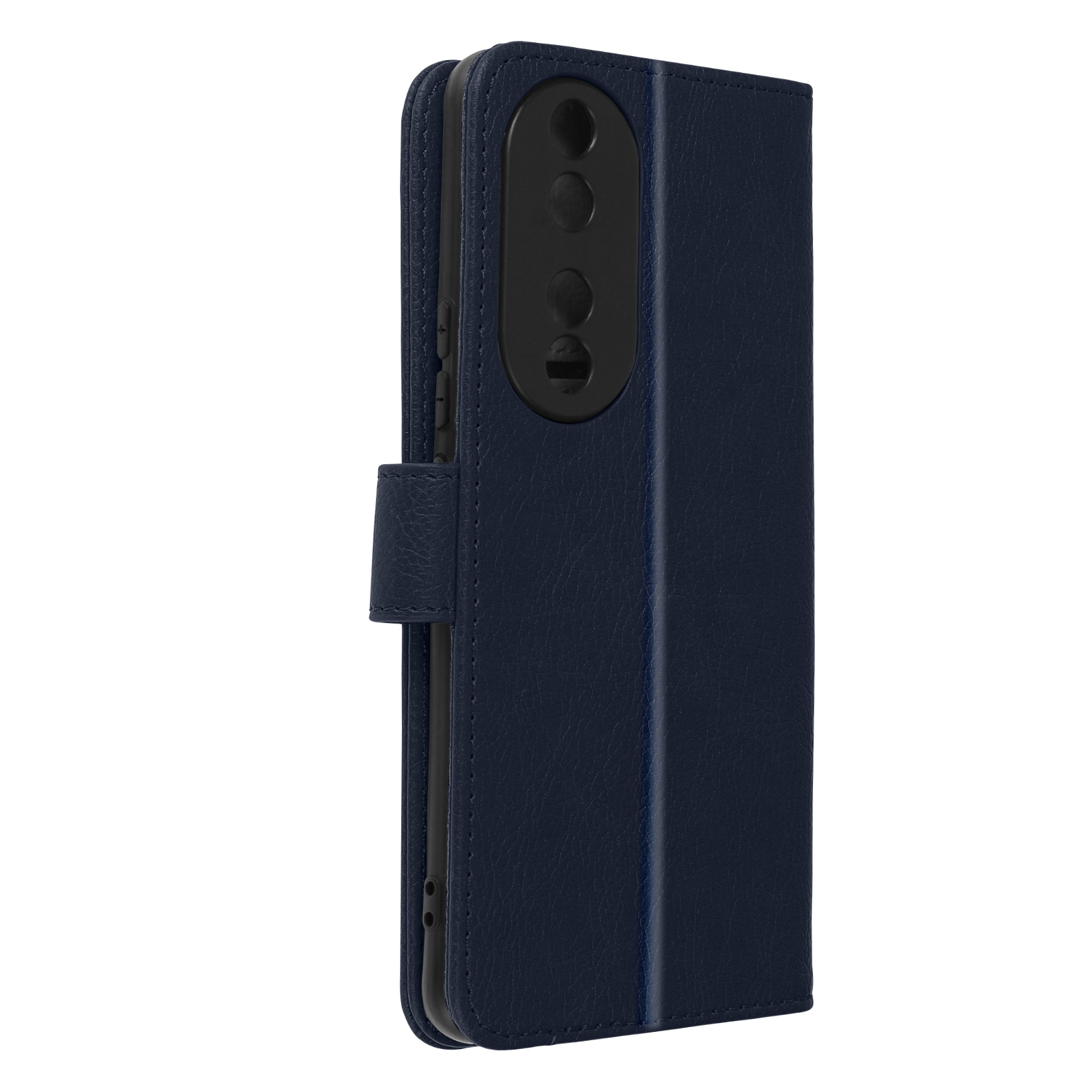Custodia per telefono blu navy con patta. Ha un'area fotocamera nera sul retro.