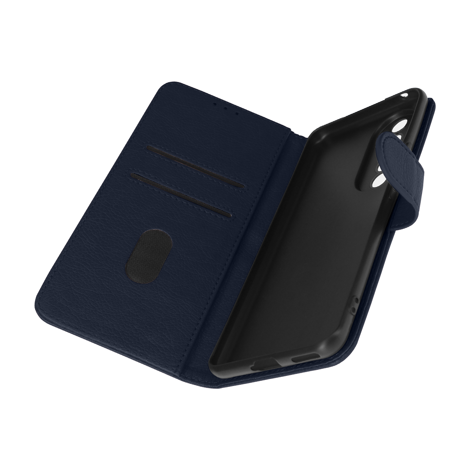 Una custodia per telefono in pelle blu scuro, aperta, che mostra l'interno.
