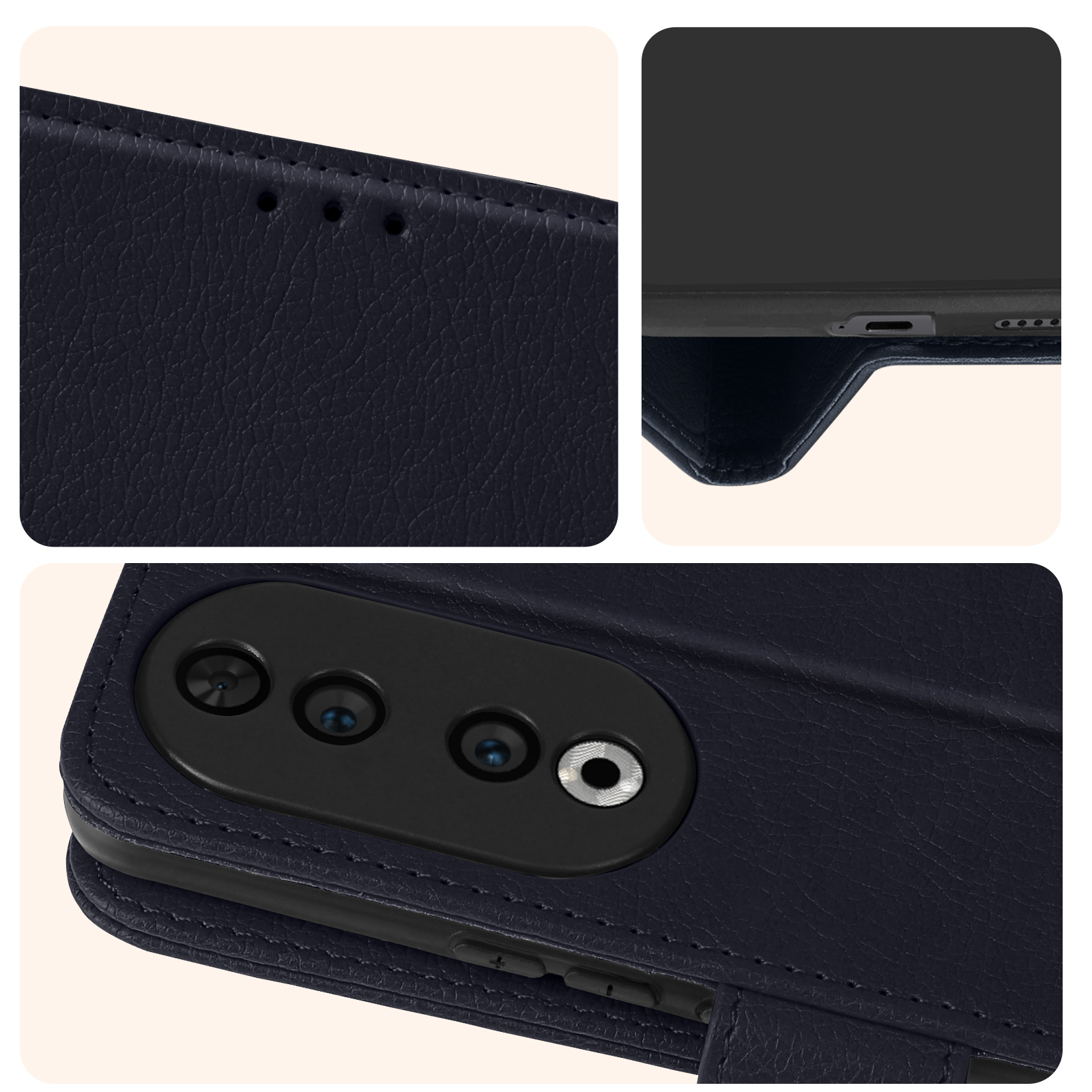 Primi piani di una custodia per telefono in pelle blu. Dettagli della fotocamera e dei pulsanti.