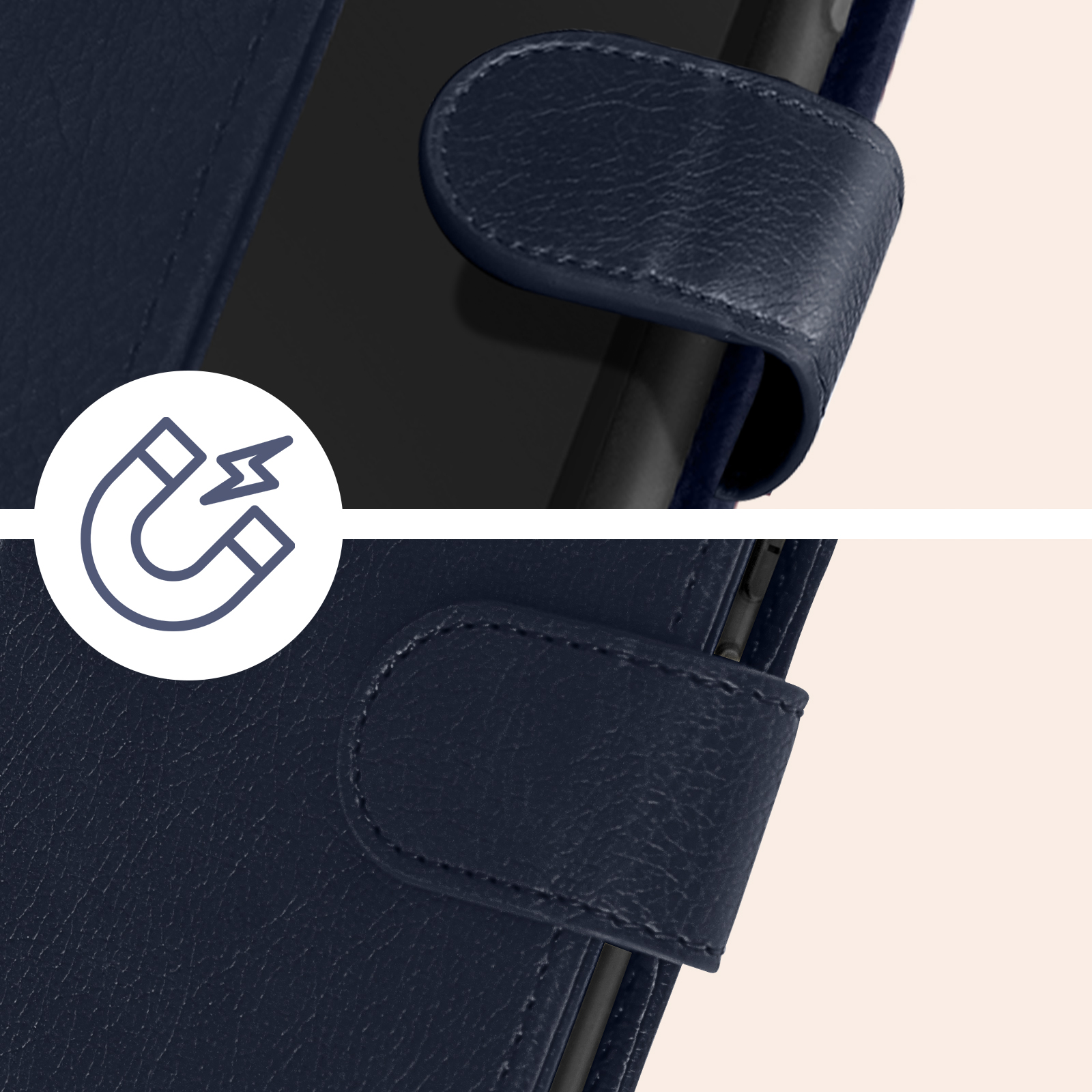 Primo piano di una custodia per telefono blu navy con chiusura magnetica. È visibile anche un'icona a calamita.