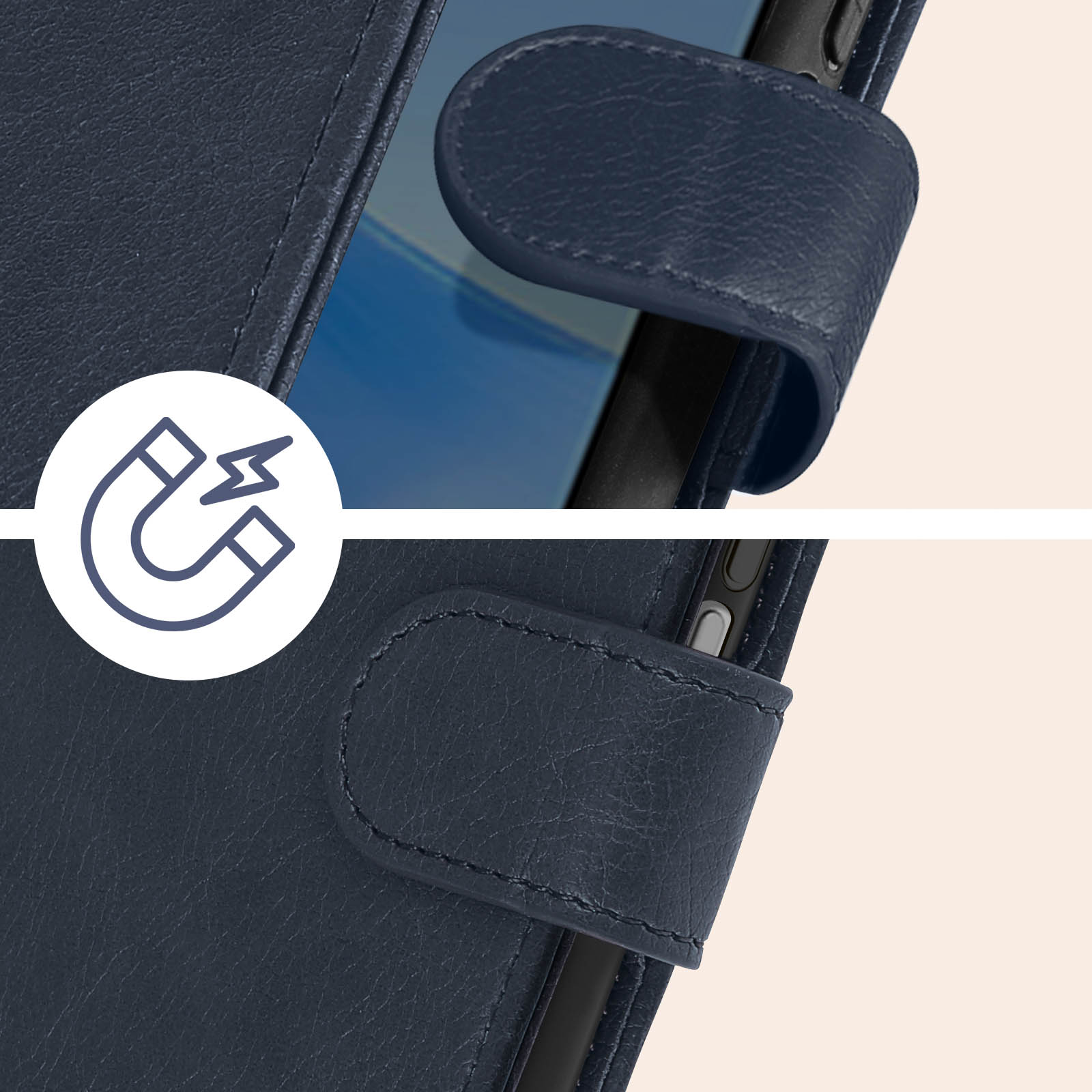 Dunkelblaue Handyhülle mit Magnetverschluss, Magnet-Symbol und aufgesteppter Klappe.