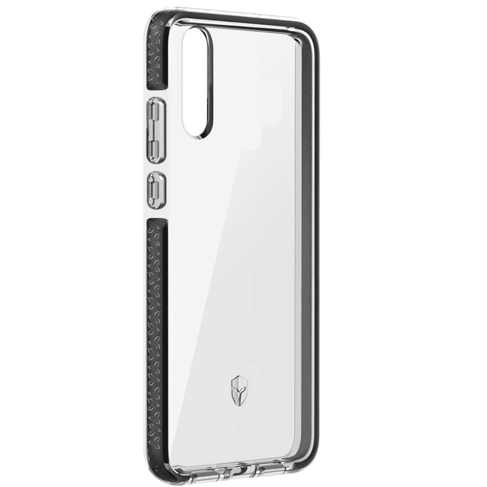 Transparante telefoonhoes met zwarte randen, toont zijknoppen. Witte achtergrond.