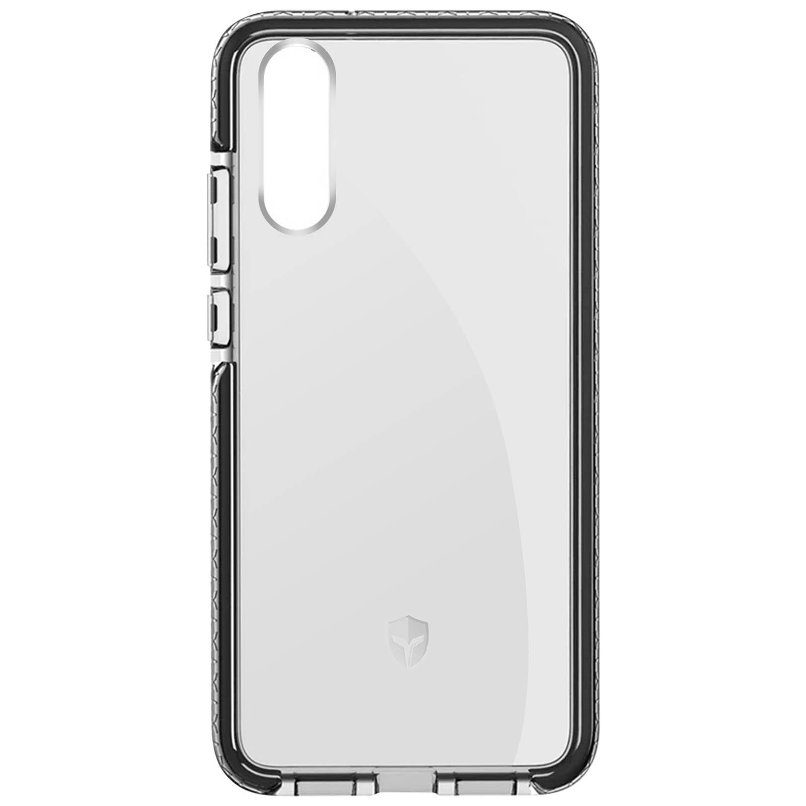 Transparante telefoonhoes met zwart frame, toont zijknoppen en een logo onderaan.