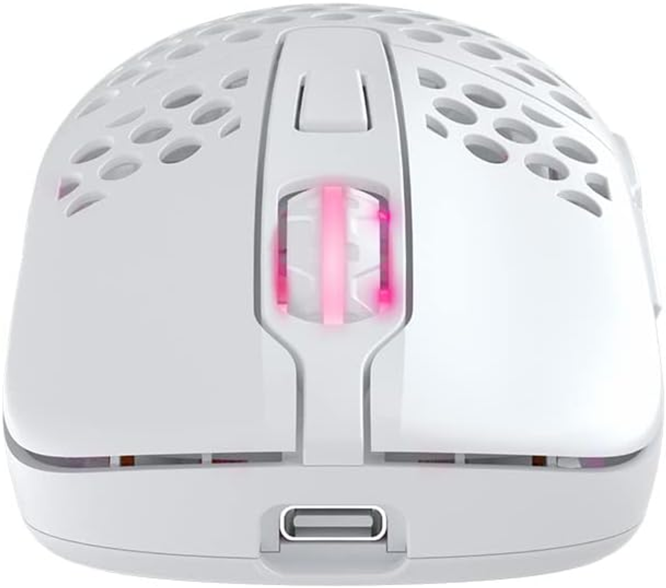 A white mouse with a pink light in the center. It has many holes and a charging port.
