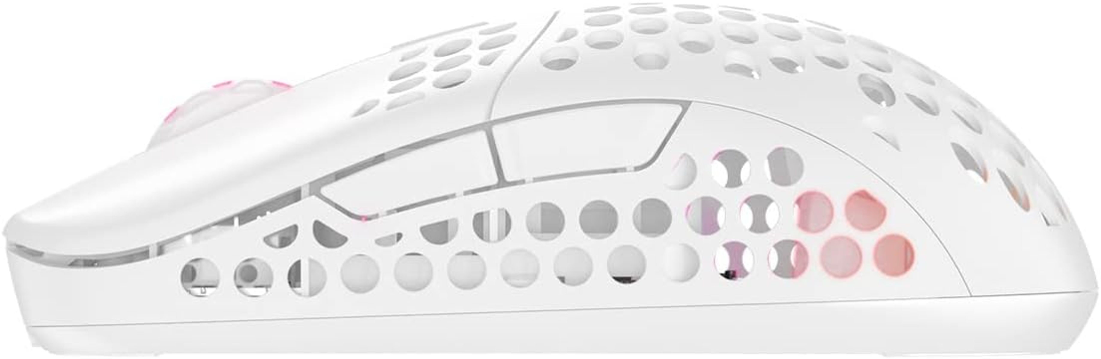 White computer mouse with a honeycomb design and pink accents.