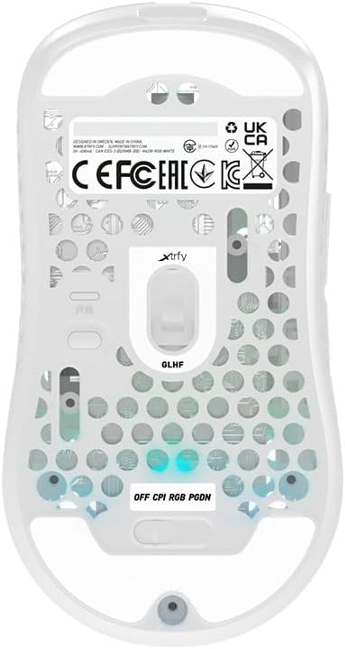 White gaming mouse underside. Various labels visible. White background.